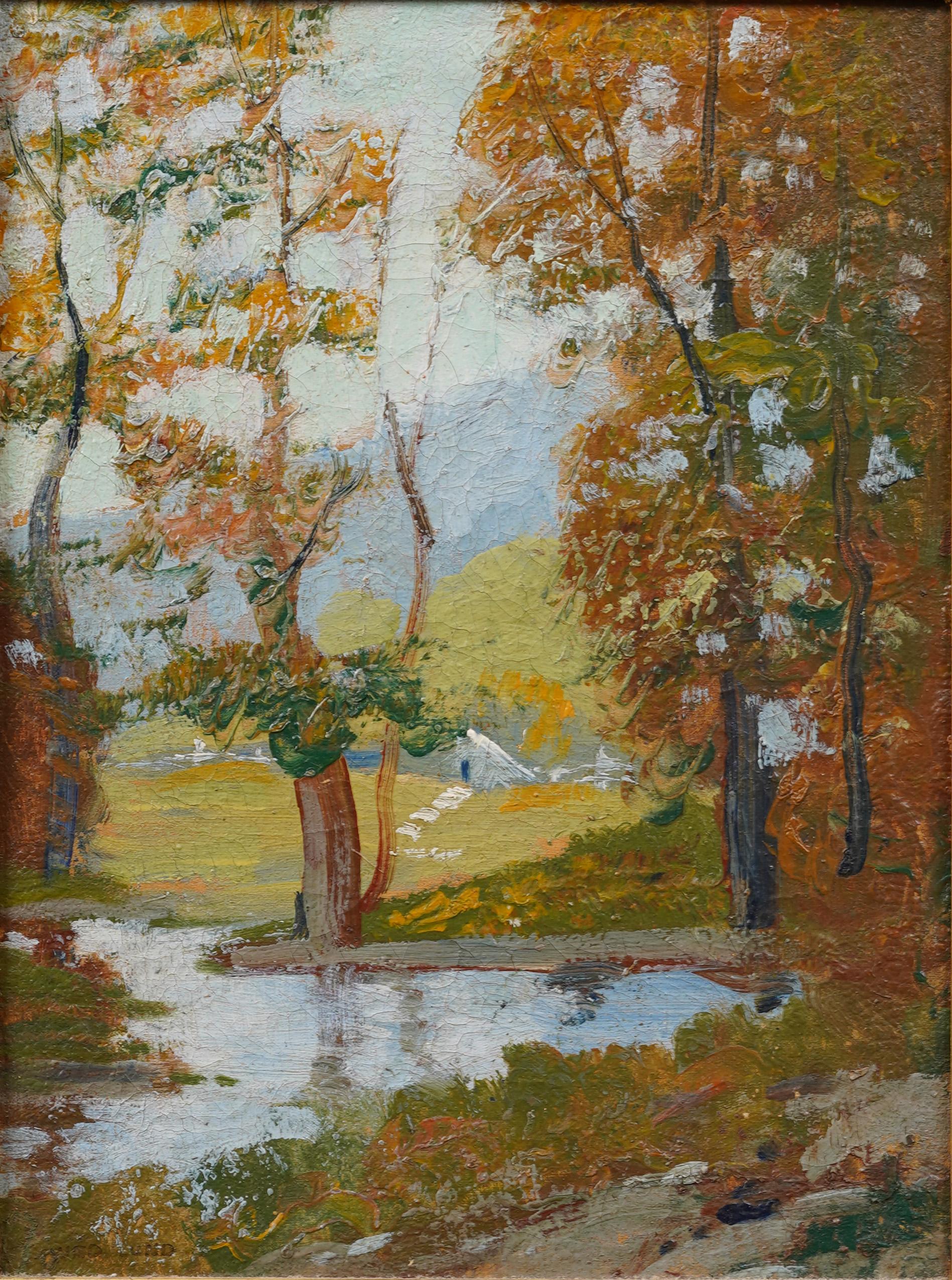 Antico dipinto ad olio di paesaggio autunnale impressionista americano con ampia cornice dorata - Painting Impressionismo di Unknown