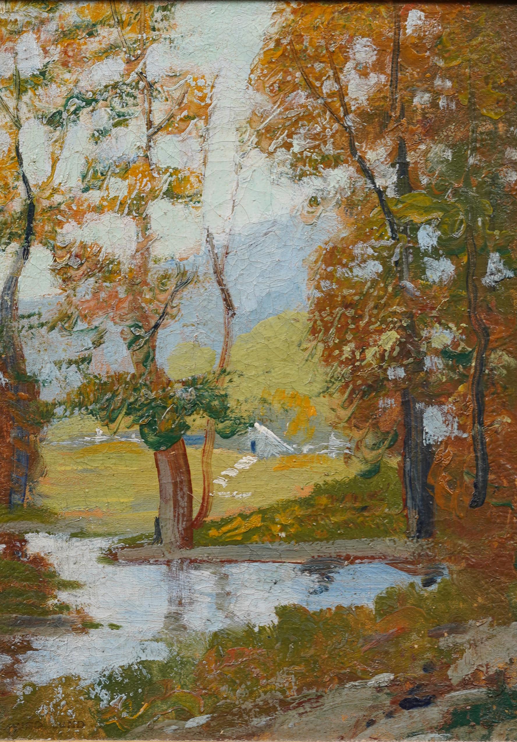Impressionante dipinto a olio di paesaggio autunnale dei primi anni dell'impressionismo americano.  Incorniciato.  Olio su tavola. Dimensioni dell'immagine, 12H per 0L.