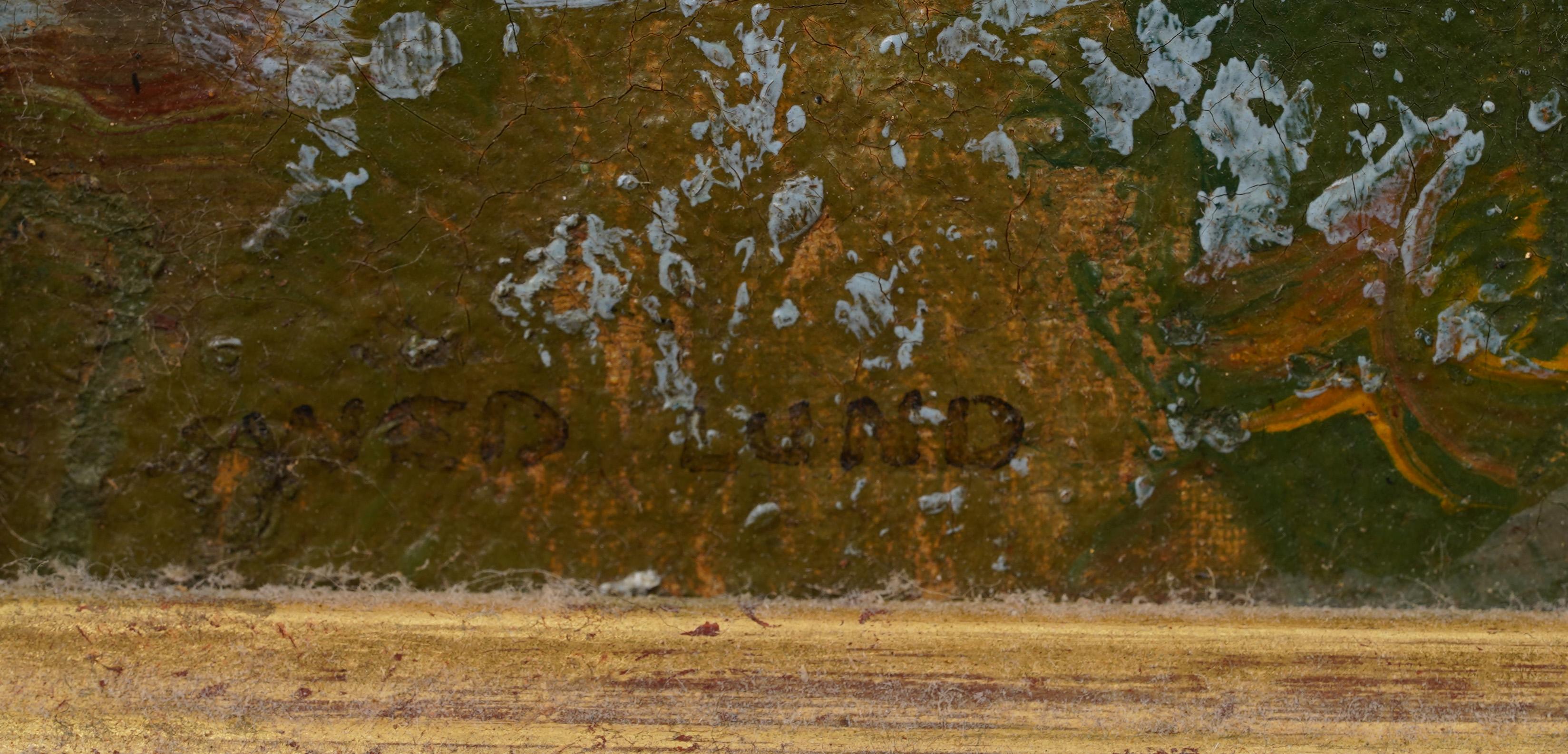 Antico dipinto ad olio di paesaggio autunnale impressionista americano con ampia cornice dorata 3