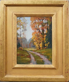 Antique American Impressionist Wide Gold Frame Fall Landscape Oil Painting