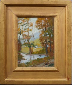 Antique American Impressionist Wide Gold Frame Fall Landscape Oil Painting