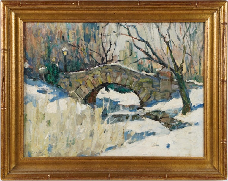Antique American impressionist landscape painting. Oil on board, circa 1930.  Housed in a vintage frame.   Image size, 16L x 12H. 
