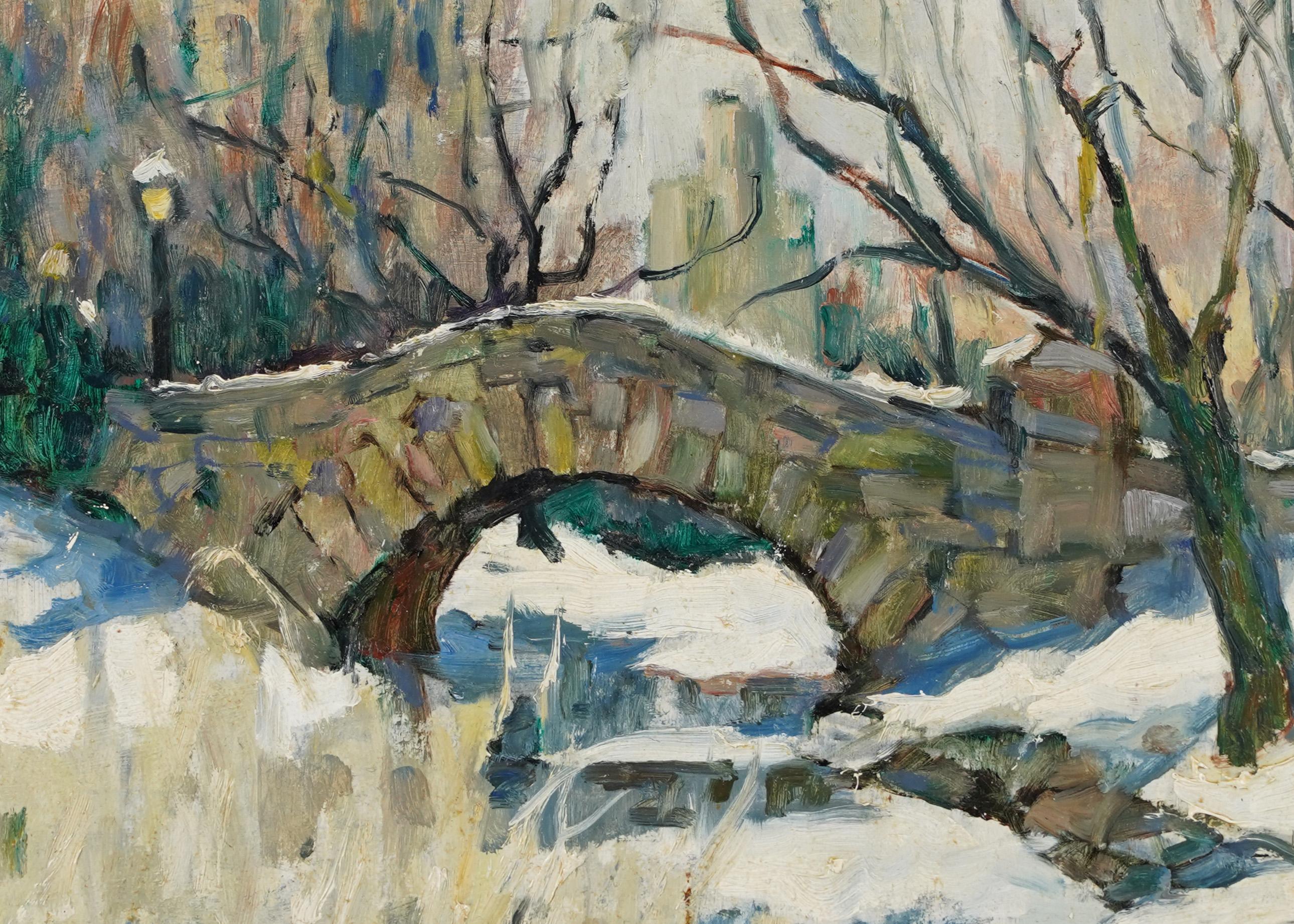 Antique American Impressionist Winter Central Park Signed Landscape Oil Painting 1