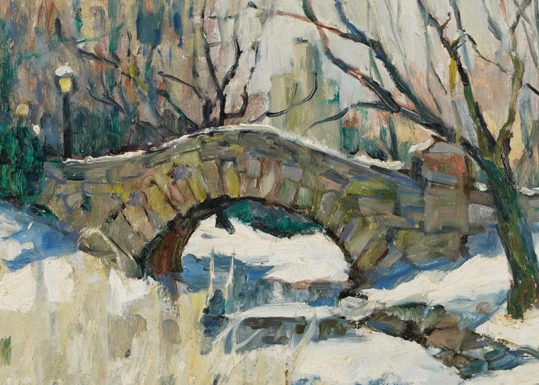 Antique American Impressionist Winter Central Park Signed Landscape Oil Painting 3
