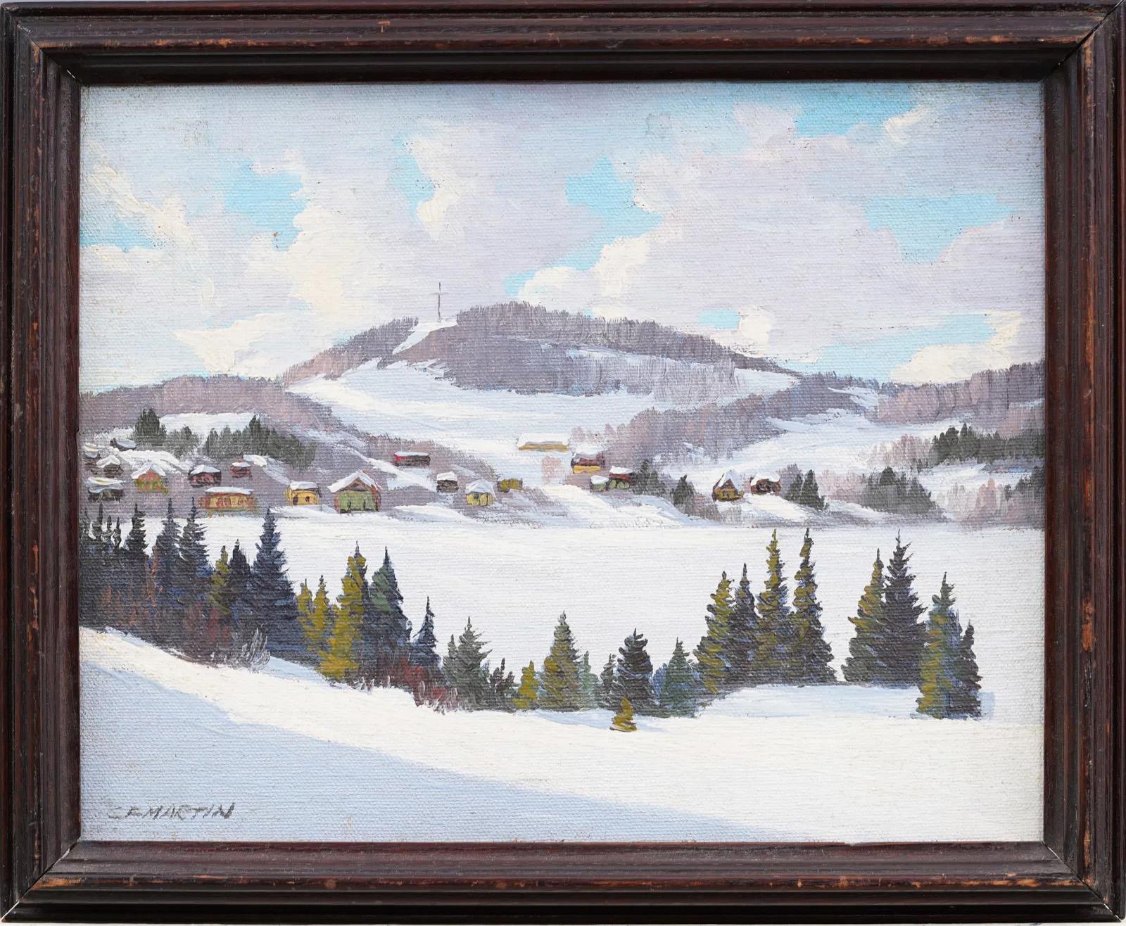 Antico dipinto a olio con cornice firmato Paesaggio d'inverno impressionista americano - Painting di Unknown
