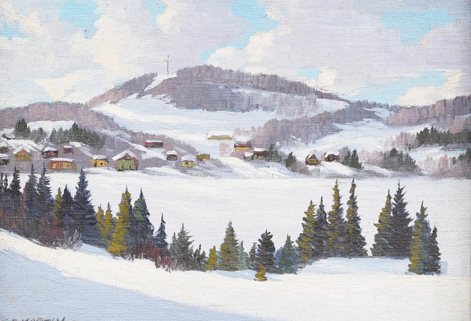 Antico dipinto a olio con cornice firmato Paesaggio d'inverno impressionista americano - Landscape Painting Grigio di Unknown