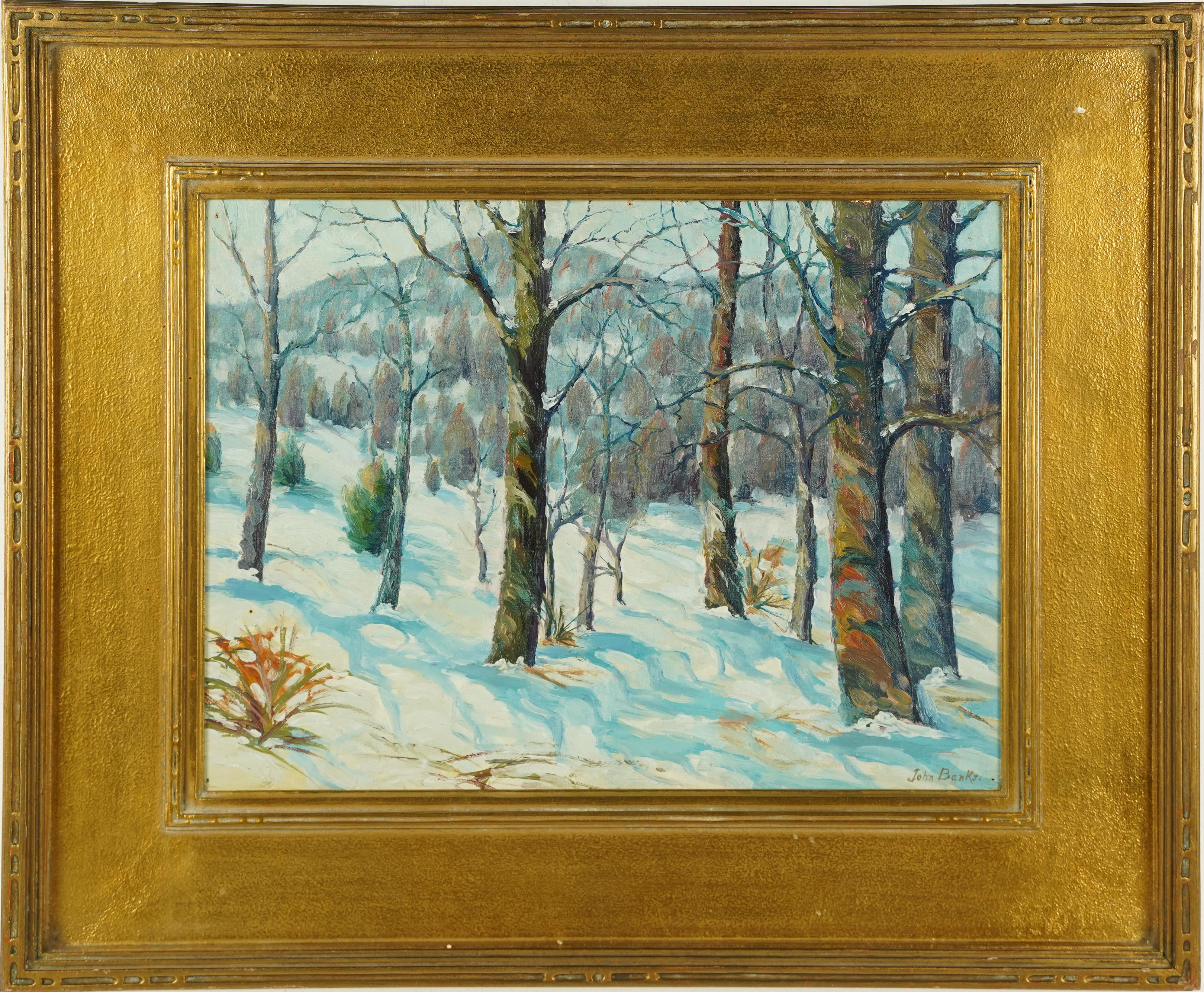 Antique American Impressionist Winter Landscape Signed Period Giltwood Frame - Painting by Unknown