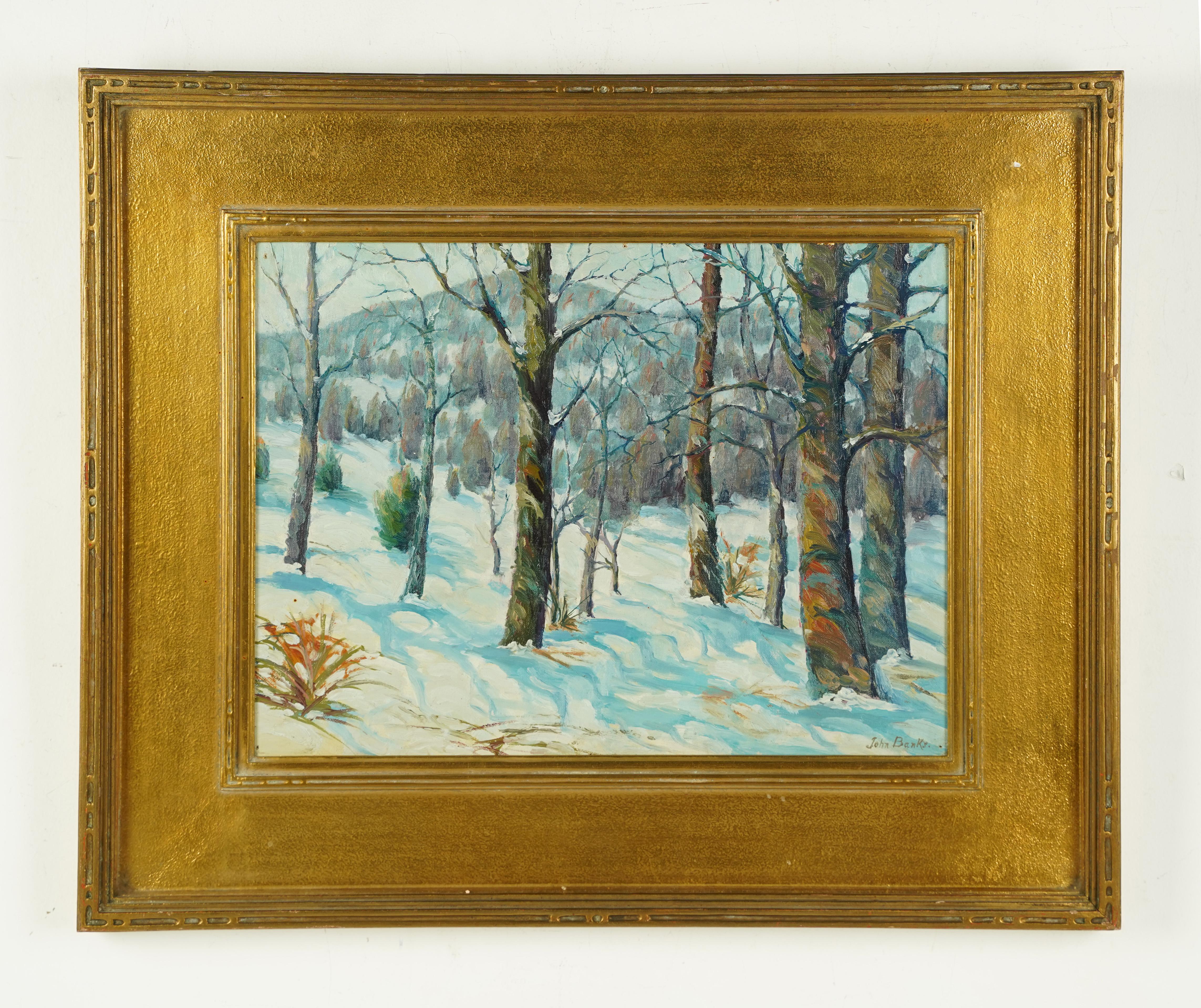 Antique American Impressionist Winter Landscape Signed Period Giltwood Frame - Brown Landscape Painting by Unknown