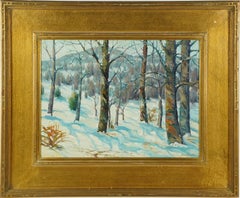 Antike amerikanische impressionistische Winterlandschaft, signiert, Rahmen aus vergoldetem Holz