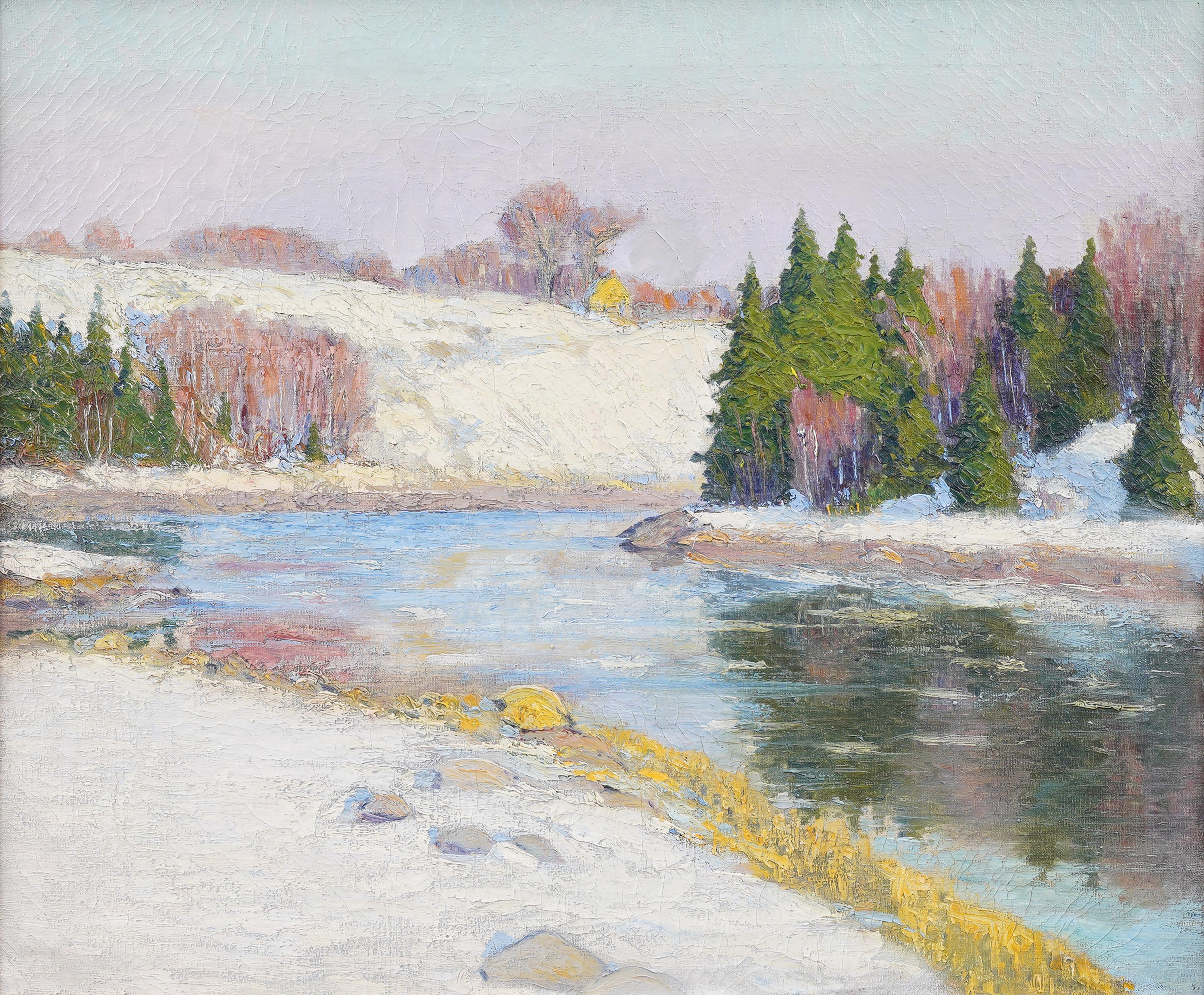 Impressive early American impressionist winter landscape snow scene oil painting.  Framed.  Oil on canvas.  Image size, 20H by 24L.