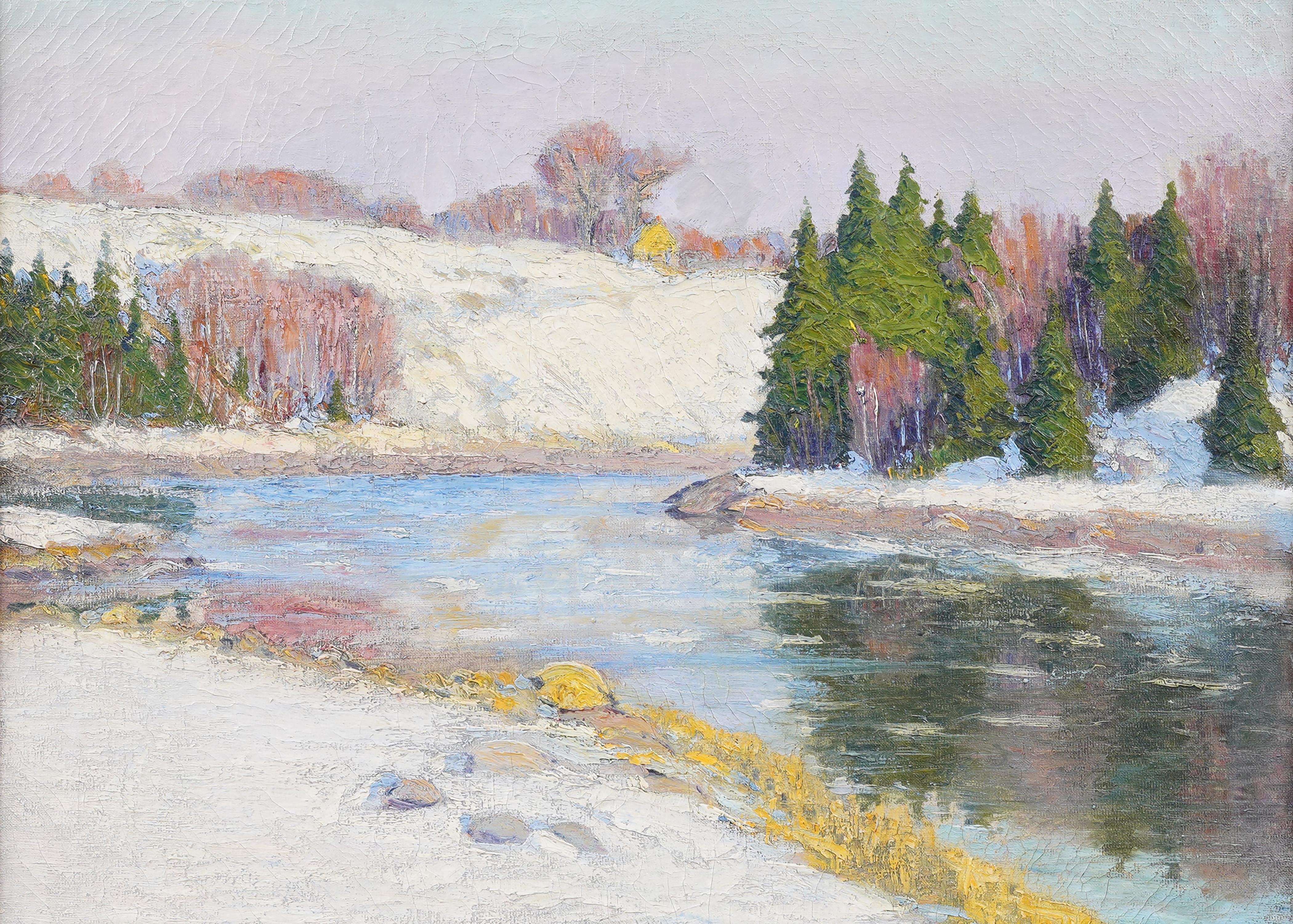 Antique American Impressionist Winter Landscape Snow Scene Framed Oil Painting For Sale 1