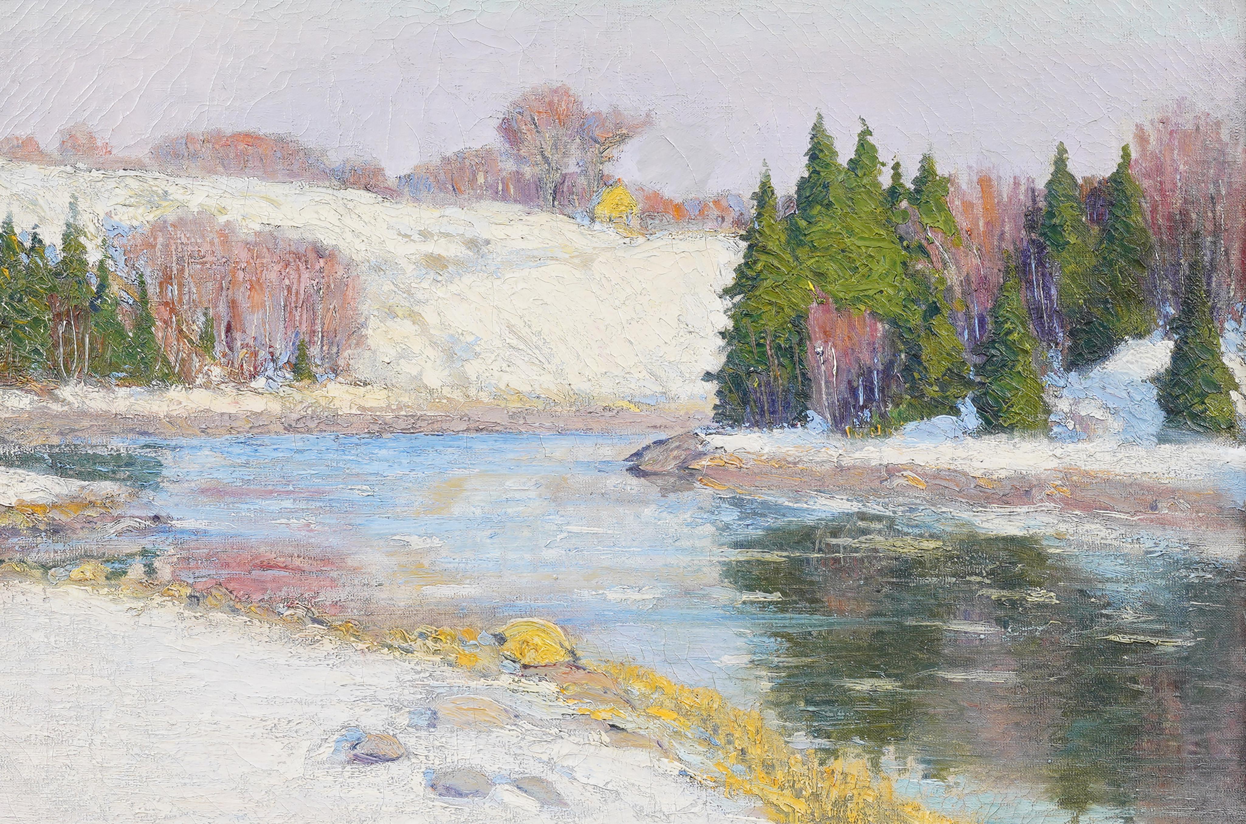 Antique American Impressionist Winter Landscape Snow Scene Framed Oil Painting For Sale 2