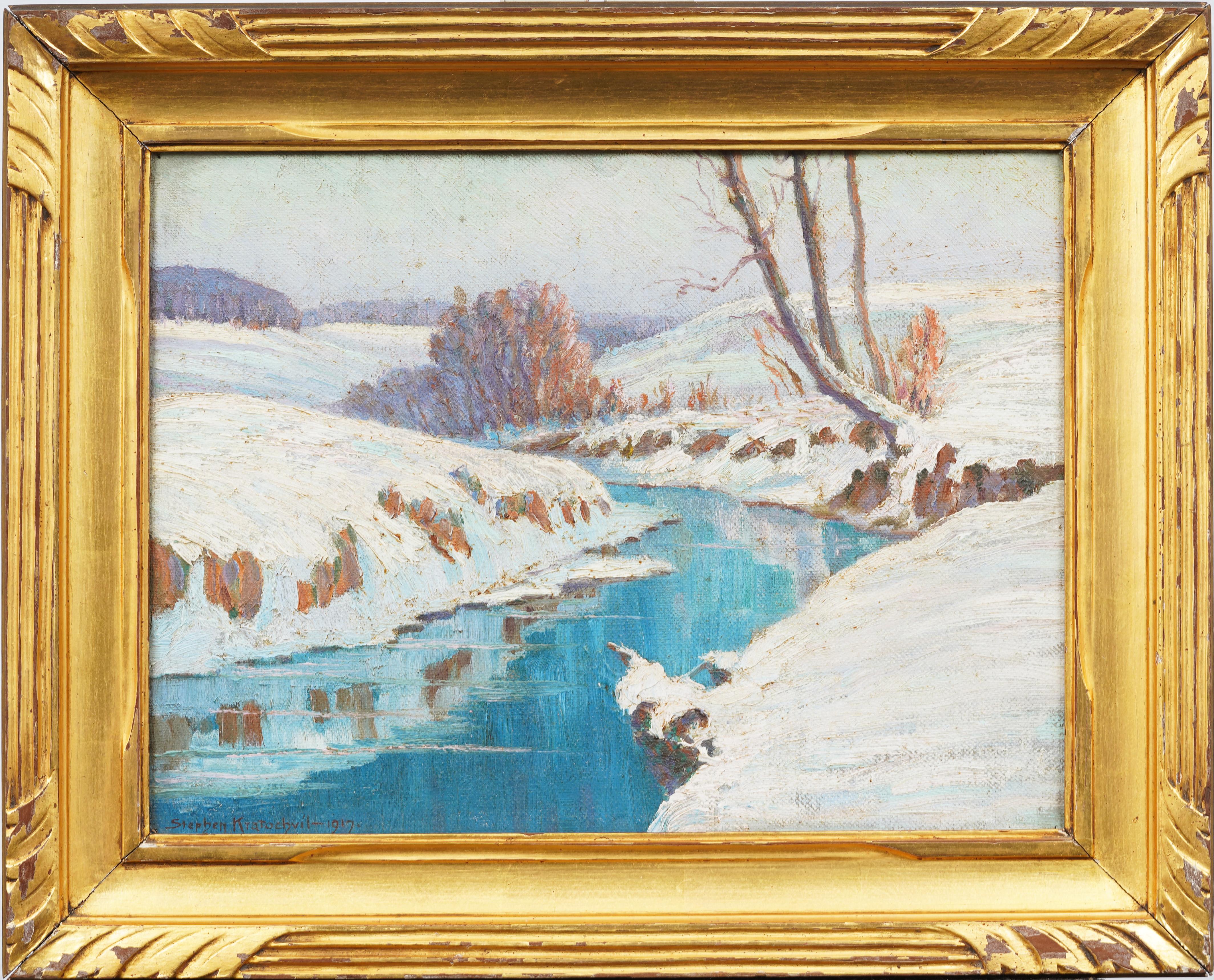 Antique American Impressionist Winter River Snow Covered Landscape Oil Painting - Beige Landscape Painting by Unknown