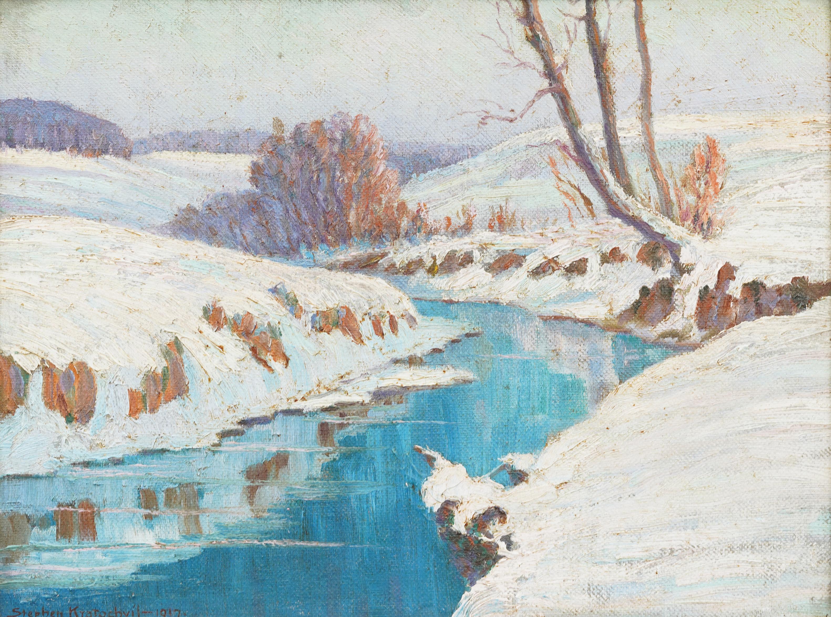 Antique American impressionist landscape oil painting. Oil on board.   Framed. Signed.  In excellent original condition. Handsomely framed in a  giltwood molding.  Excellent condition, ready to hang and enjoy. 