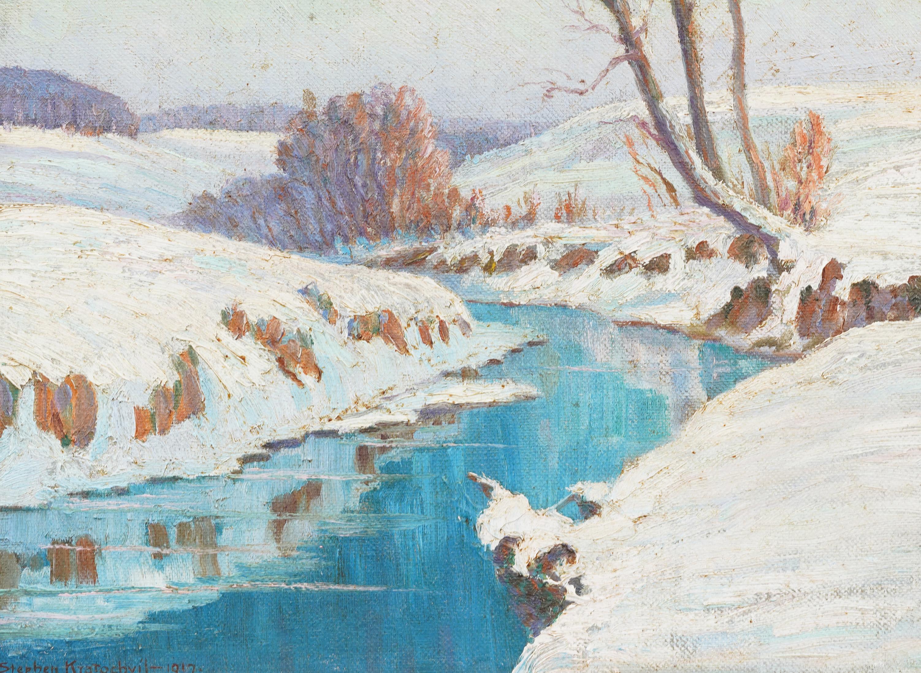 Antique American Impressionist Winter River Snow Covered Landscape Oil Painting For Sale 1