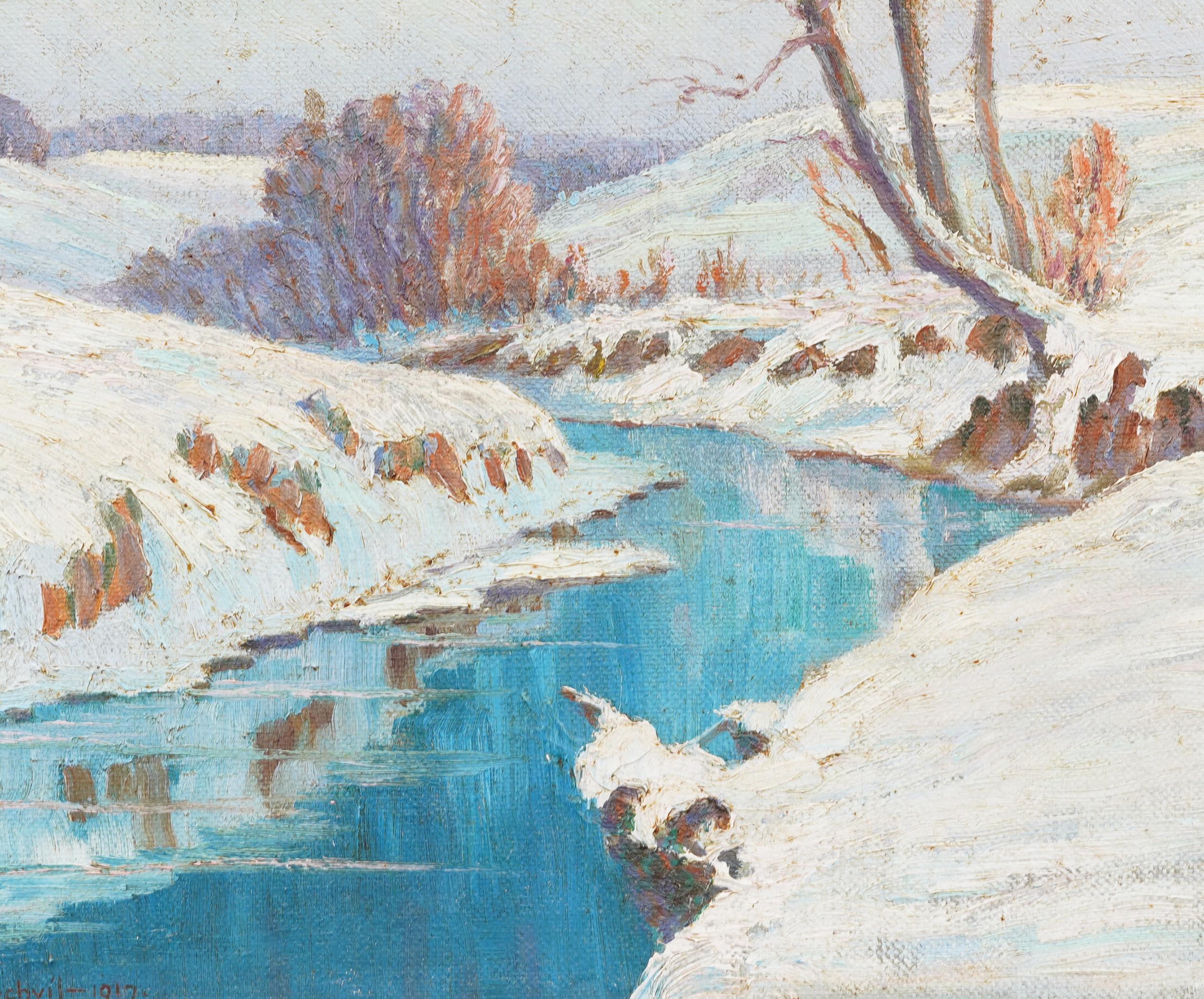 Antique American Impressionist Winter River Snow Covered Landscape Oil Painting For Sale 2