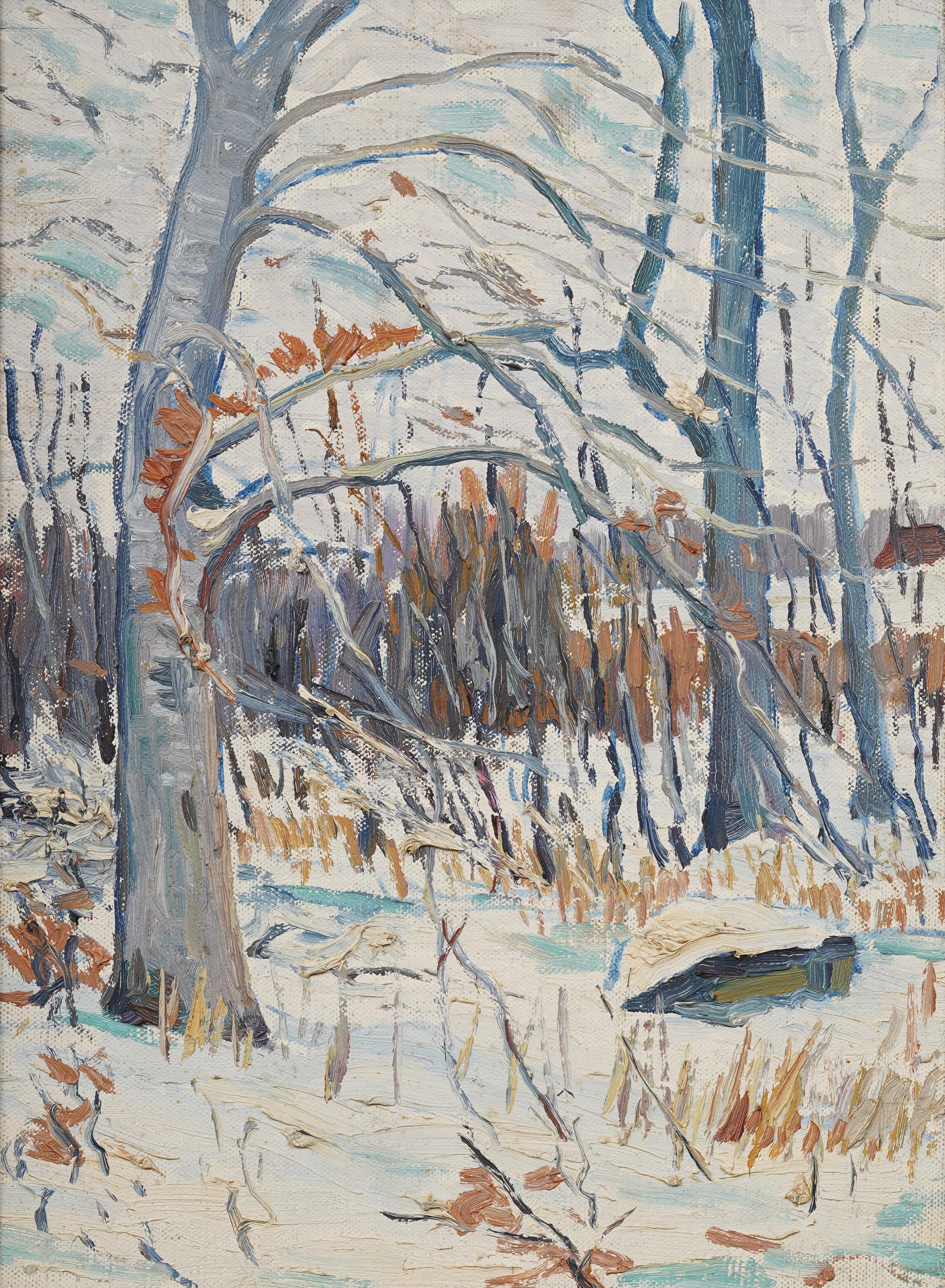 Ancienne peinture à l'huile impressionniste américaine, paysage de forêt de neige d'hiver encadrée - Impressionnisme Painting par Unknown