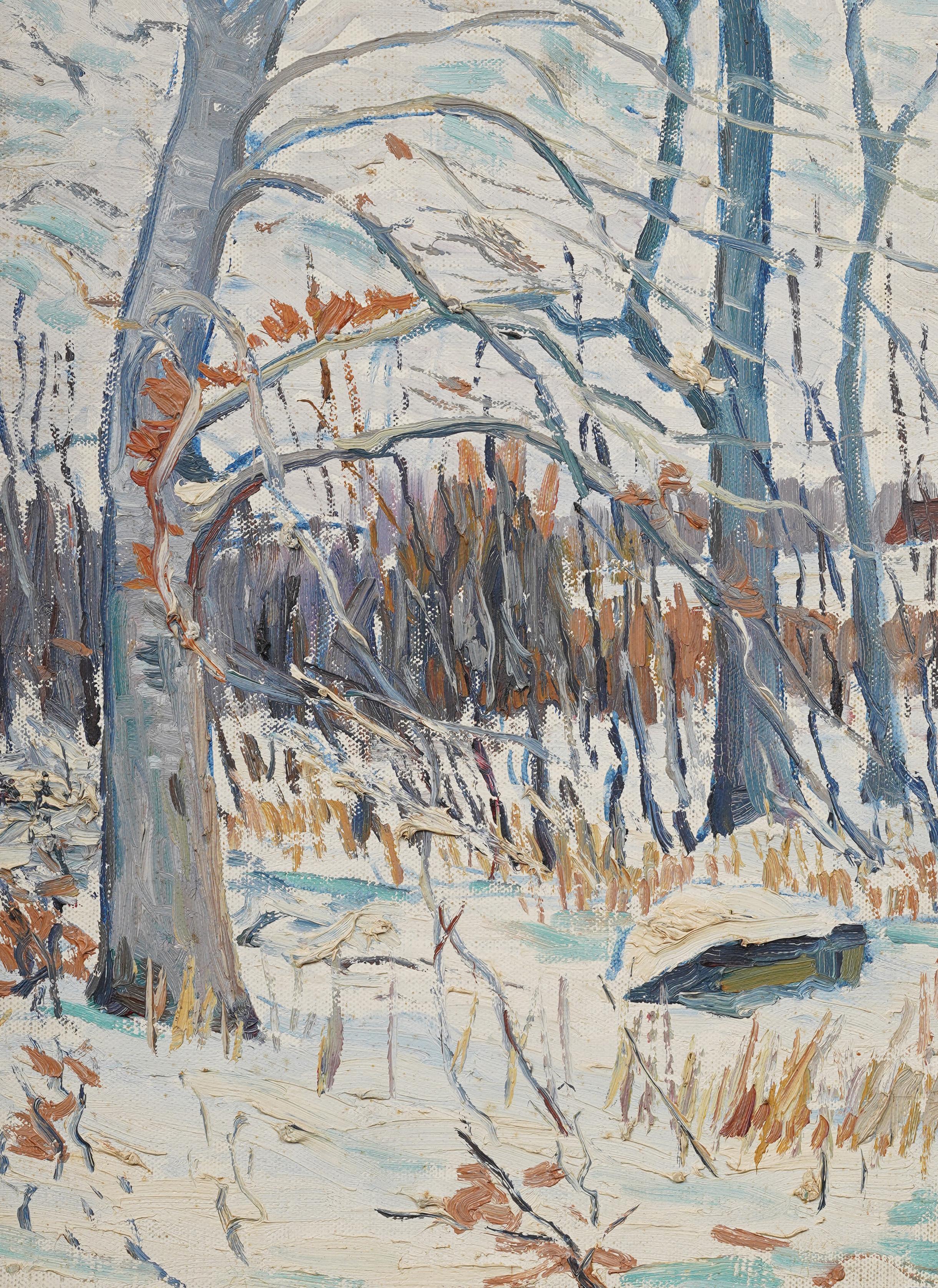 Ancienne peinture à l'huile impressionniste américaine, paysage de forêt de neige d'hiver encadrée - Marron Landscape Painting par Unknown