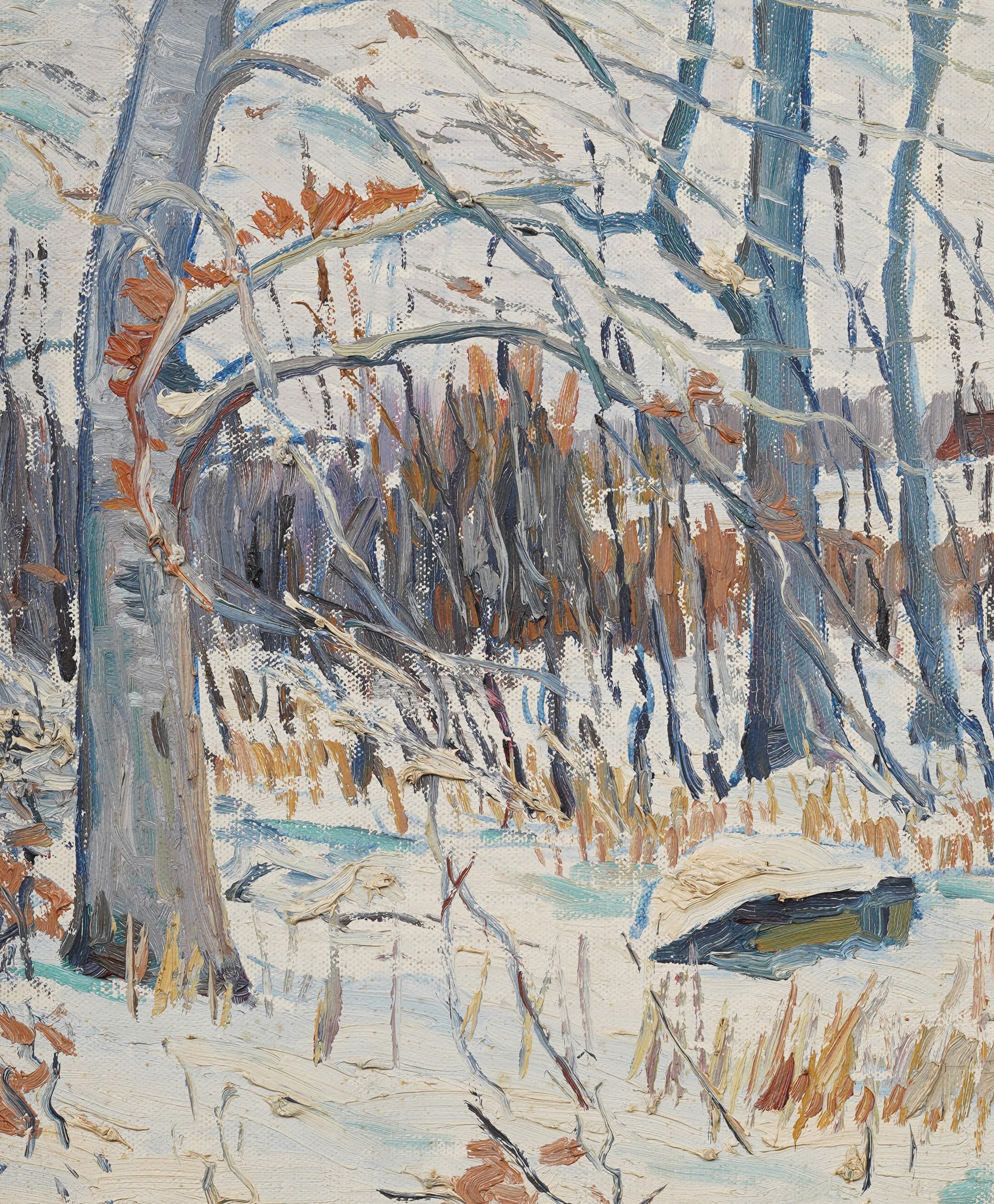 Peinture ancienne de paysage d'hiver impressionniste américain finement peinte.  Huile sur planche.  Encadré.  Taille de l'image, 11.L.A. x 15.H.