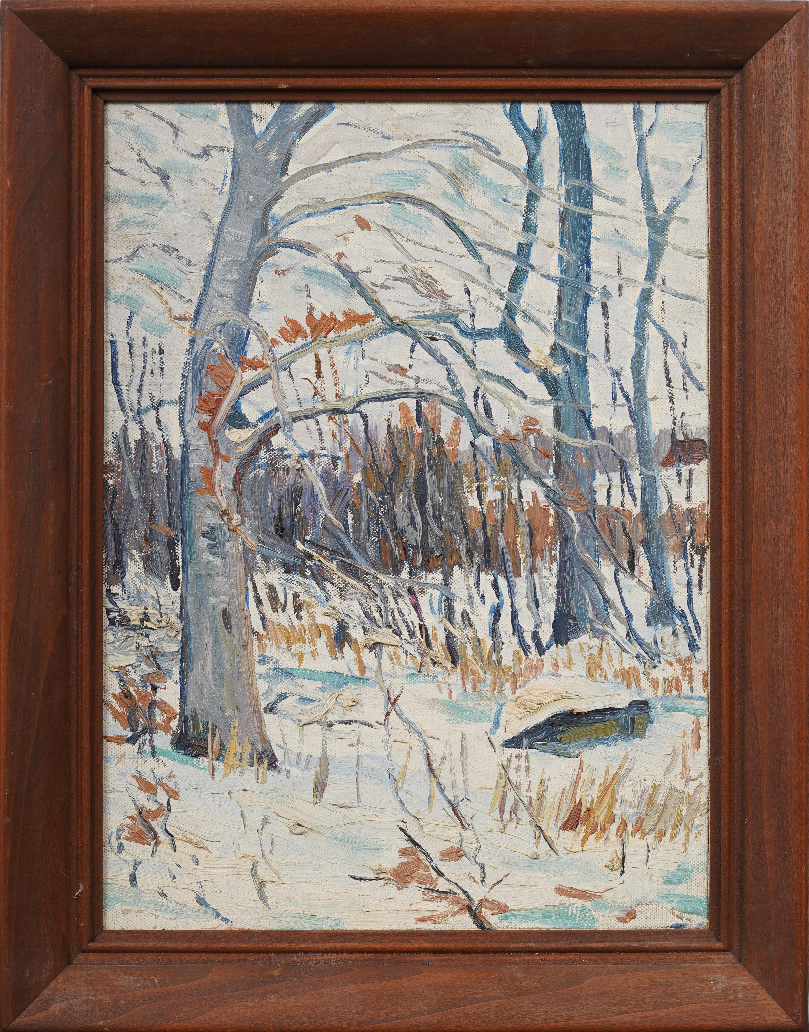 Antico dipinto ad olio con cornice dell'impressionista americano A. Winter Forest Landscape