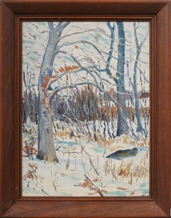 Antique American Impressionist Winter Snow Forest Landscape Framed Oil Painting