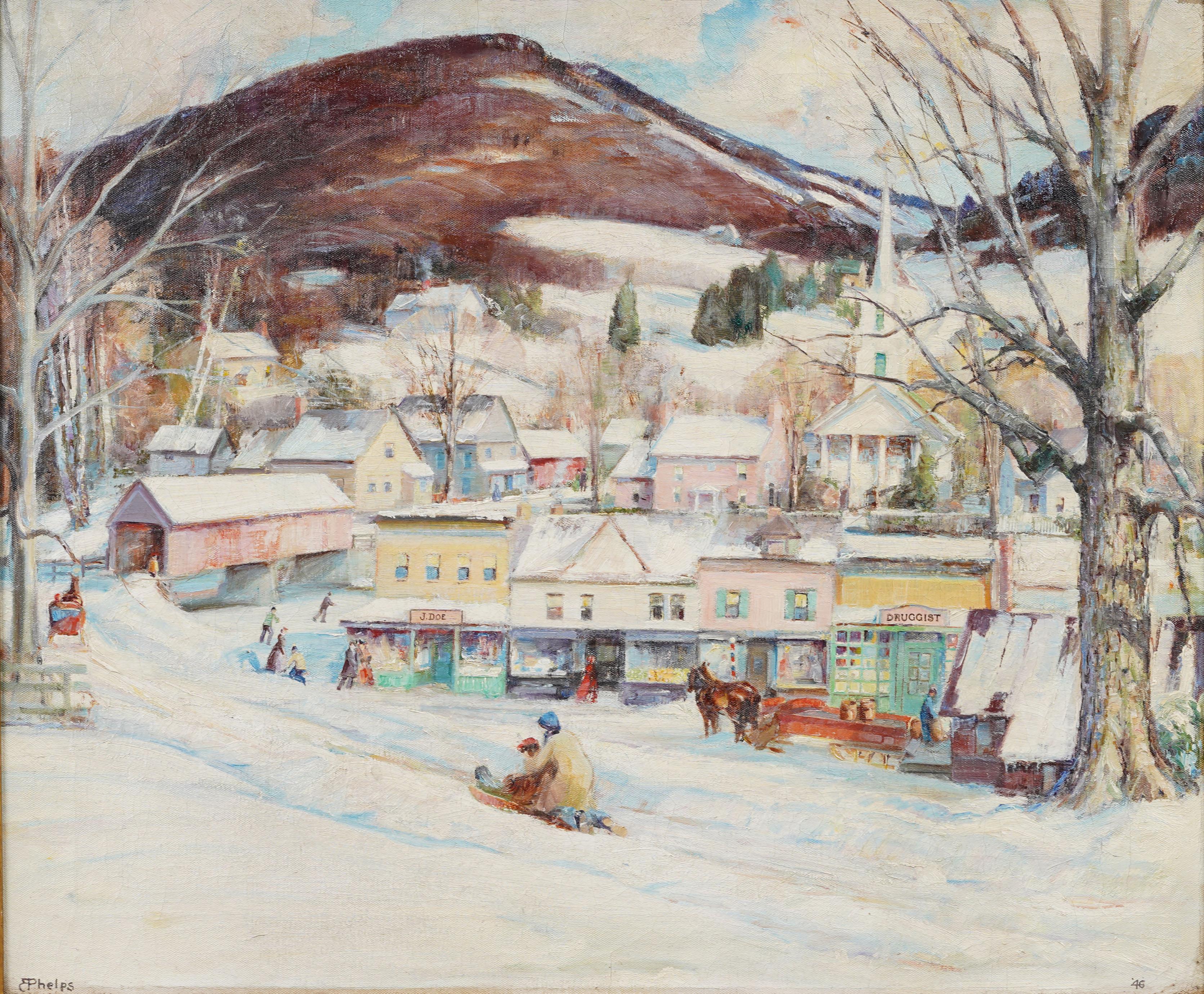 Peinture à l'huile impressionniste américaine ancienne Townes Winter Snow Landscape Sledding - Impressionnisme Painting par Unknown