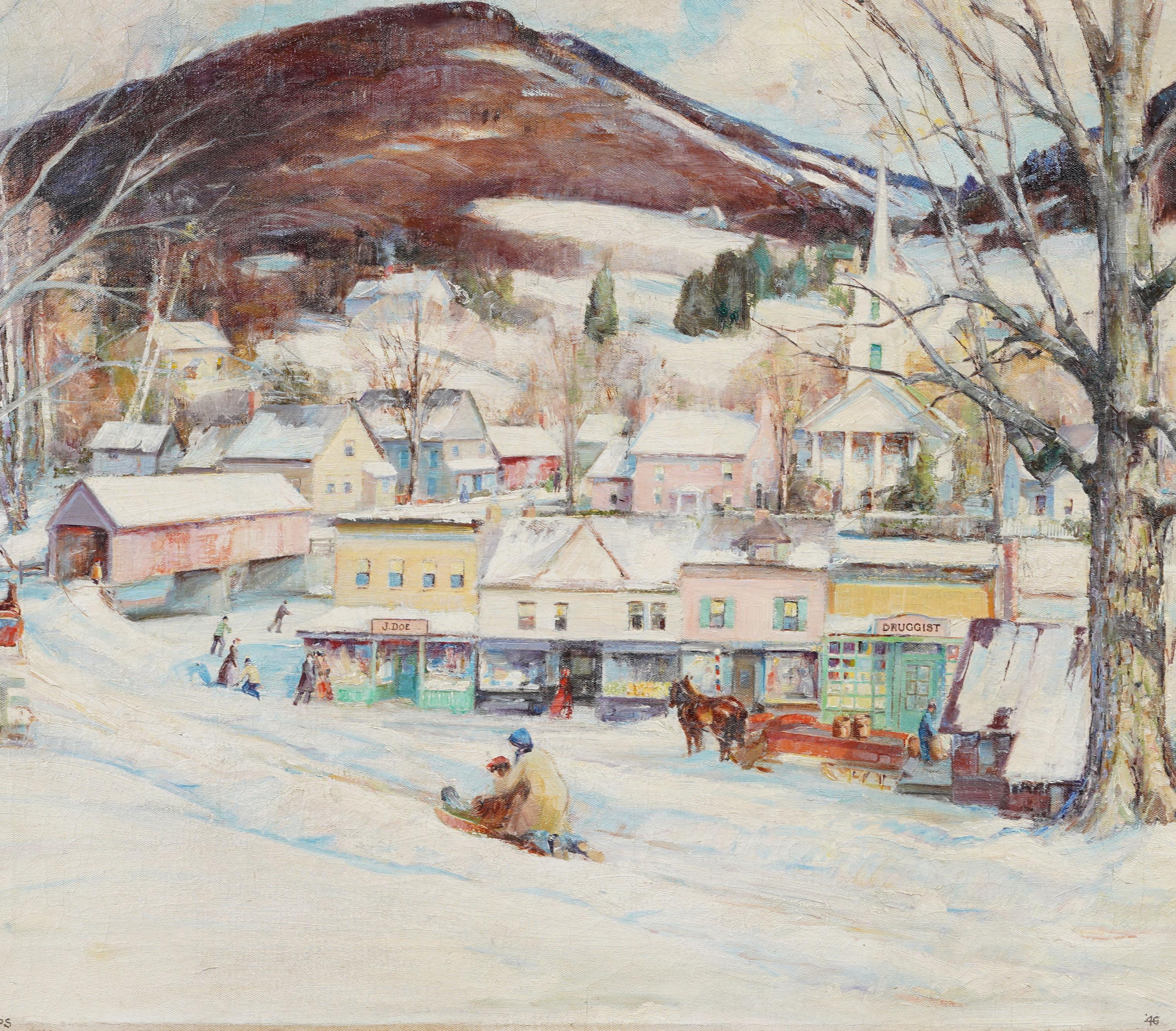 Peinture à l'huile impressionniste américaine ancienne Townes Winter Snow Landscape Sledding - Marron Figurative Painting par Unknown