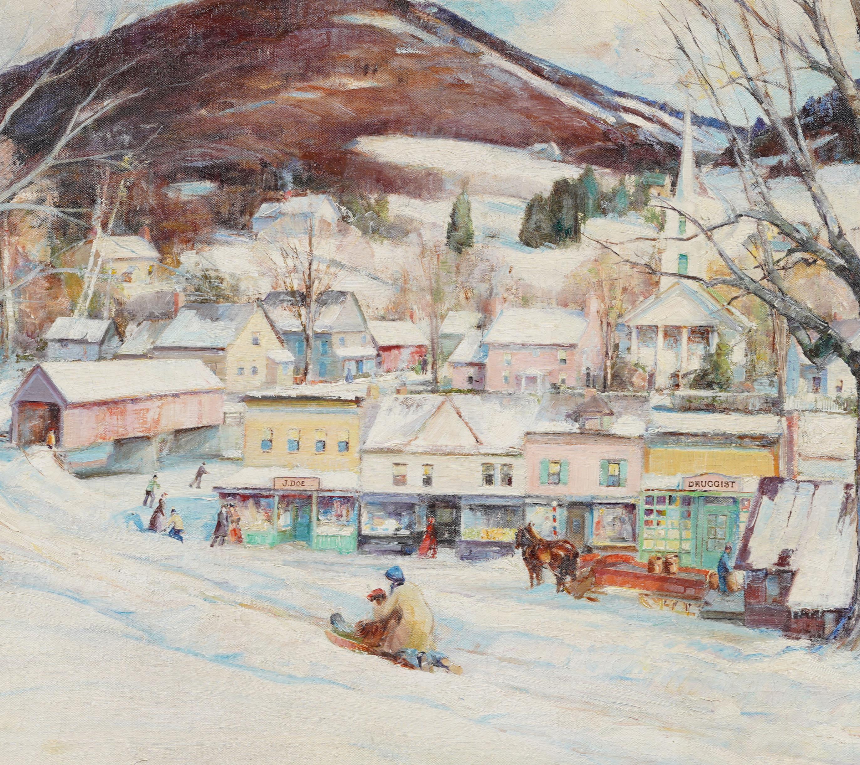 Ancienne peinture à l'huile d'un paysage d'hiver américain. Huile sur toile. Signé. Encadré. Dimensions : 26 x 30 pouces sur l'ensemble, et 20 x 24 pouces pour la peinture seule...  En excellent état d'origine. Joliment encadré dans une moulure