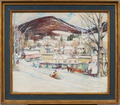 Antique American Impressionist Winter Town Snow Landscape Sledding Oil Painting