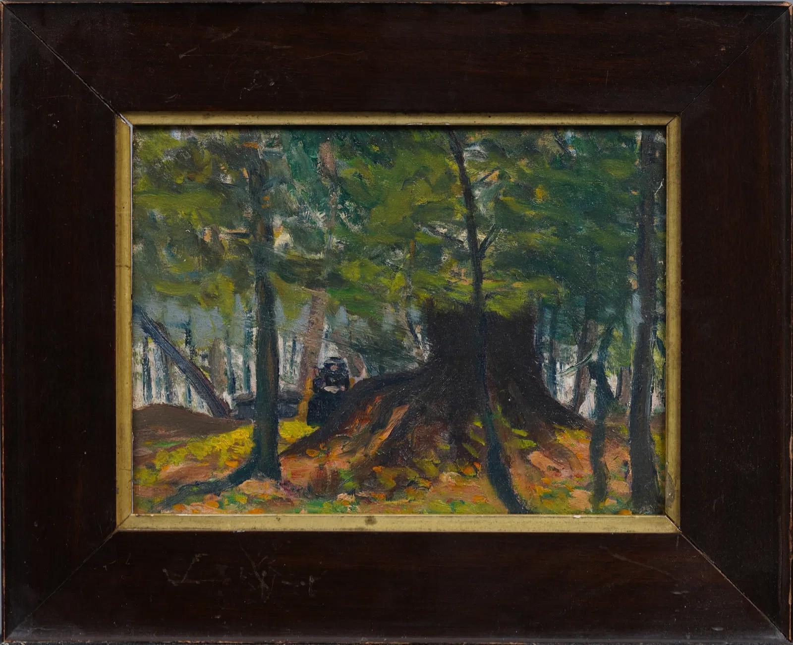 Antiguo cuadro paisajístico impresionista americano de interior de bosque del siglo XIX - Painting de Unknown
