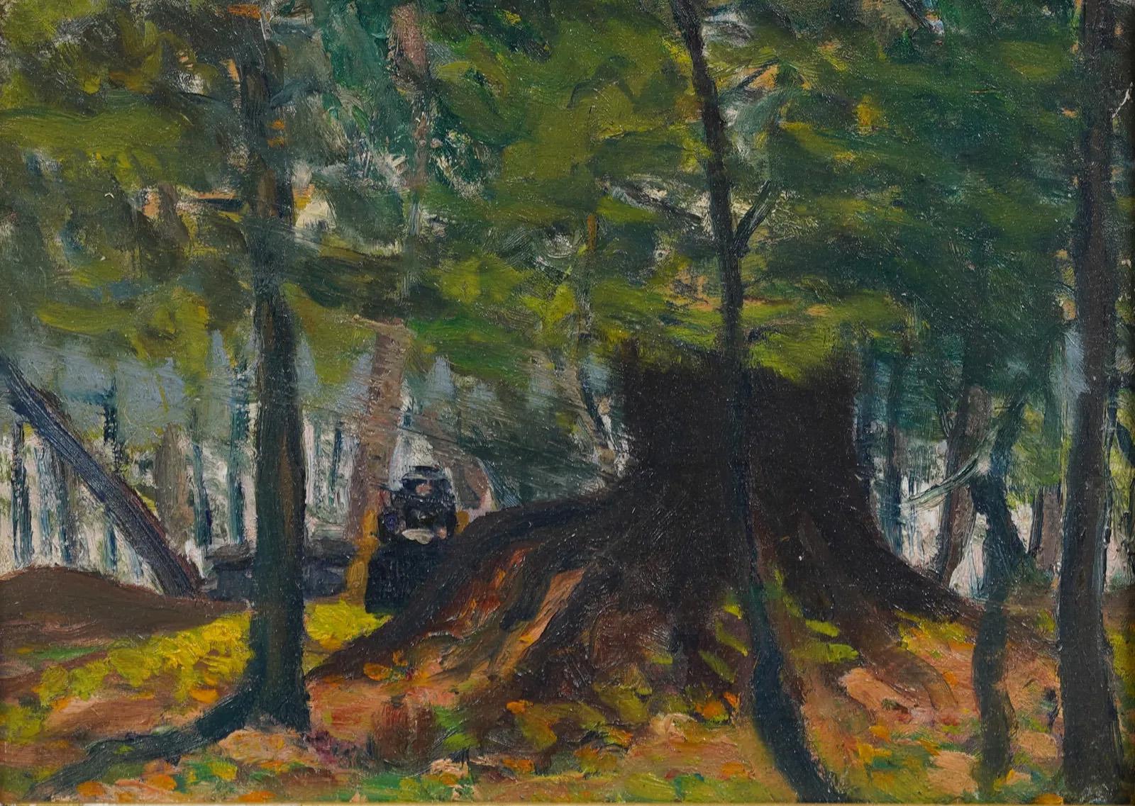 Antiguo cuadro paisajístico impresionista americano de interior de bosque del siglo XIX - Painting Impresionista de Unknown