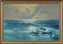 Antique American Large Impressionist Framed Surf Seascape Signed Oil Painting