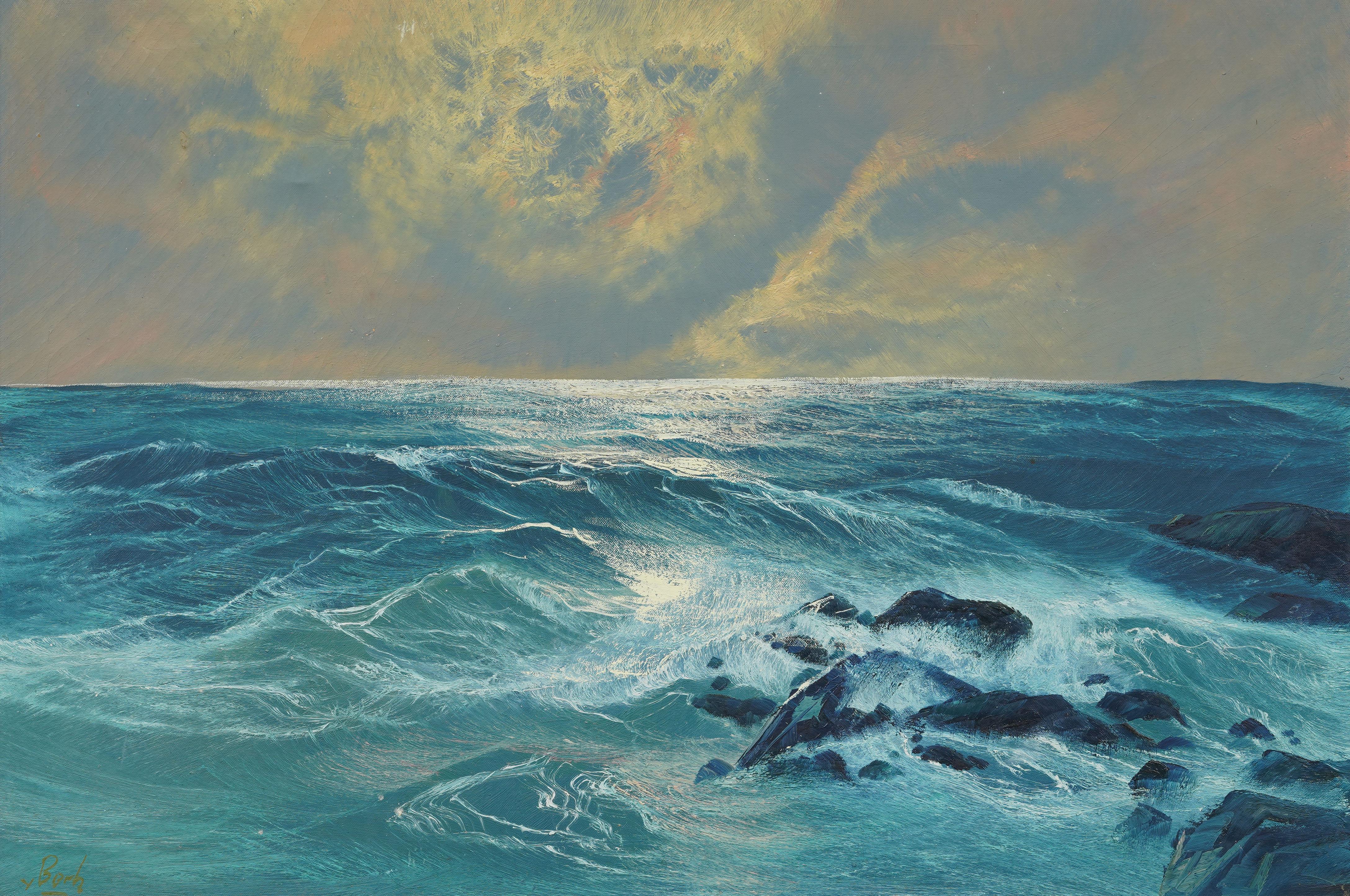 Antike amerikanische große Impressionist gerahmt Surf Seascape signiert Ölgemälde (Impressionismus), Painting, von Unknown