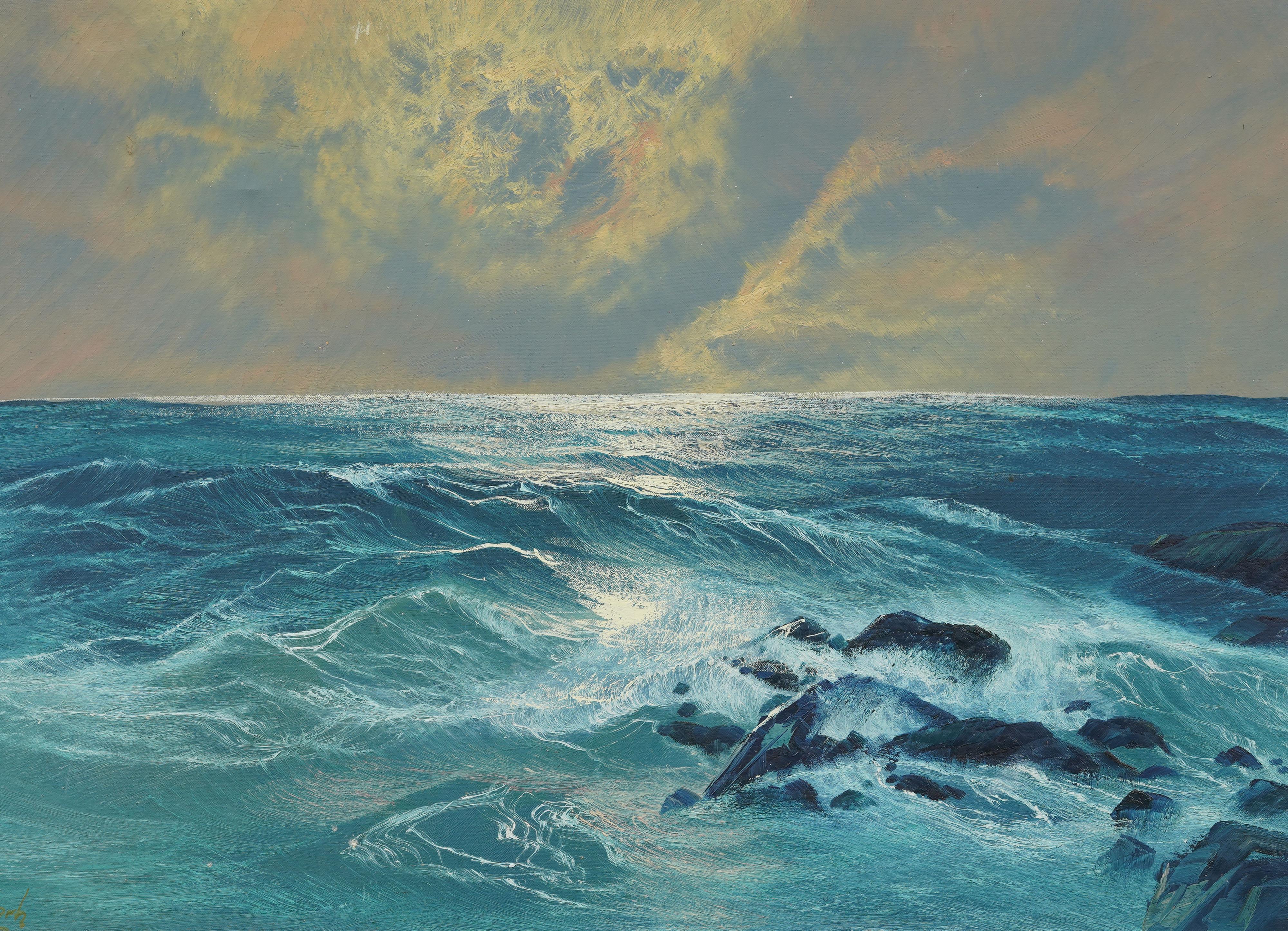Antike amerikanische große Impressionist gerahmt Surf Seascape signiert Ölgemälde (Grau), Landscape Painting, von Unknown