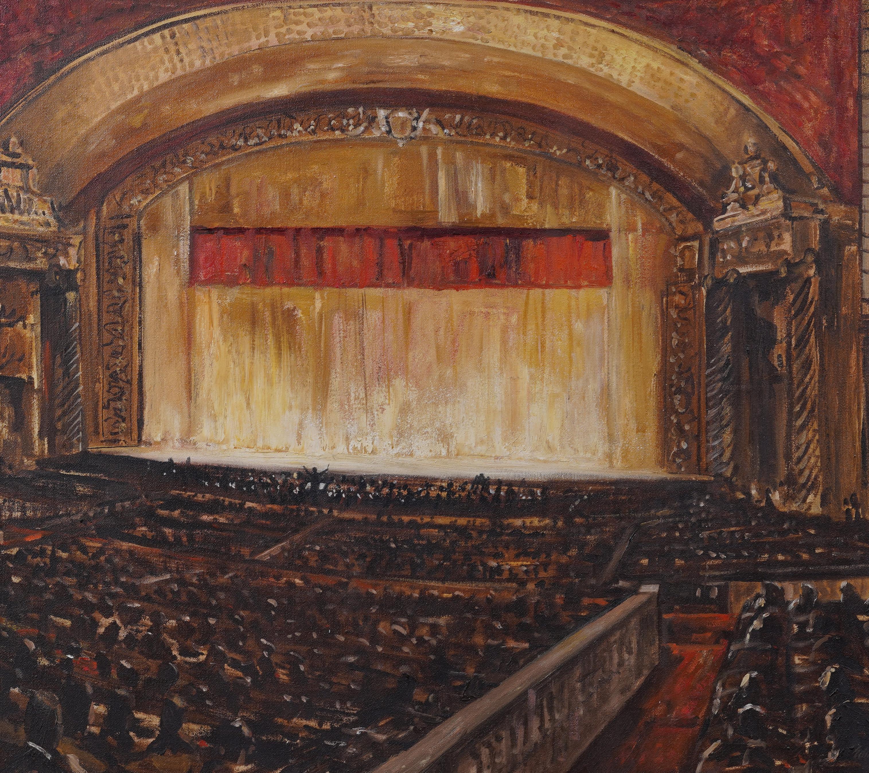 Impressionante dipinto d'interni di un teatro dei primi anni dell'impressionismo americano. Olio su tela.  Incorniciato.  Firmato.  Dimensioni dell'immagine, 30 x 36 pollici.  