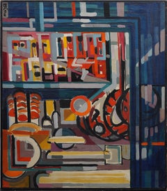 Antique American Large Signed Abstract Expressionist Modern Art  Oil Painting