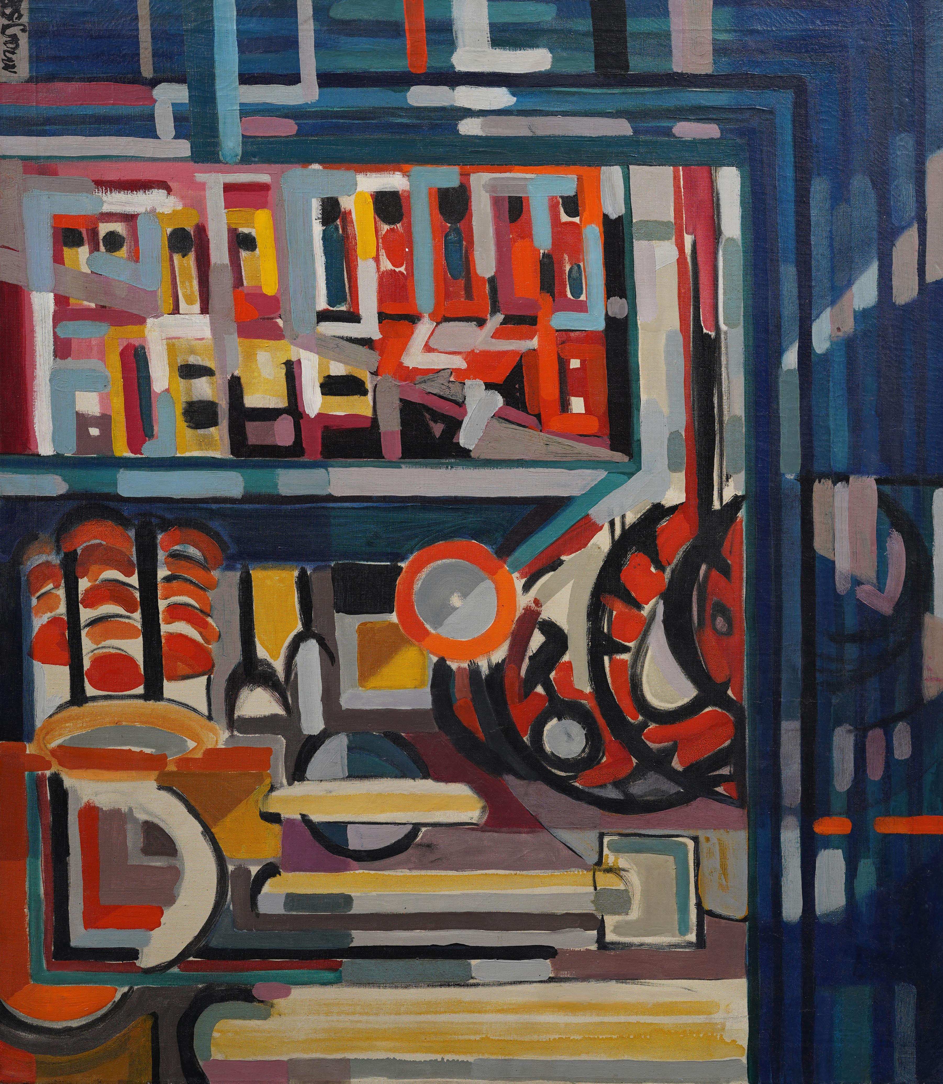 Antique American abstract expressionist painting. Oil on canvas. Framed.  Signed.  Measuring: 37 by 43 inches overall, and 36 by 42 painting alone.  In excellent original condition. Handsomely framed in a vintage molding.  Excellent condition, ready