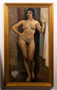 Antique American Life Size Huge WPA Nude Woman Artist Studio Portrait Painting