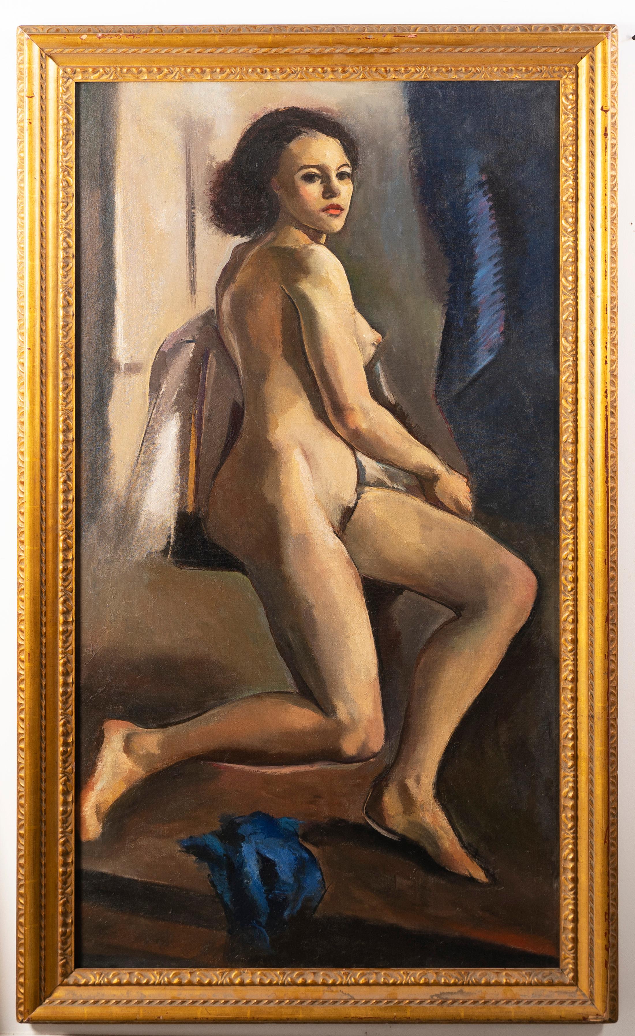 Antique American Life Size Huge WPA Nude Woman Artist Studio Portrait Painting  - Brown Nude Painting by Unknown