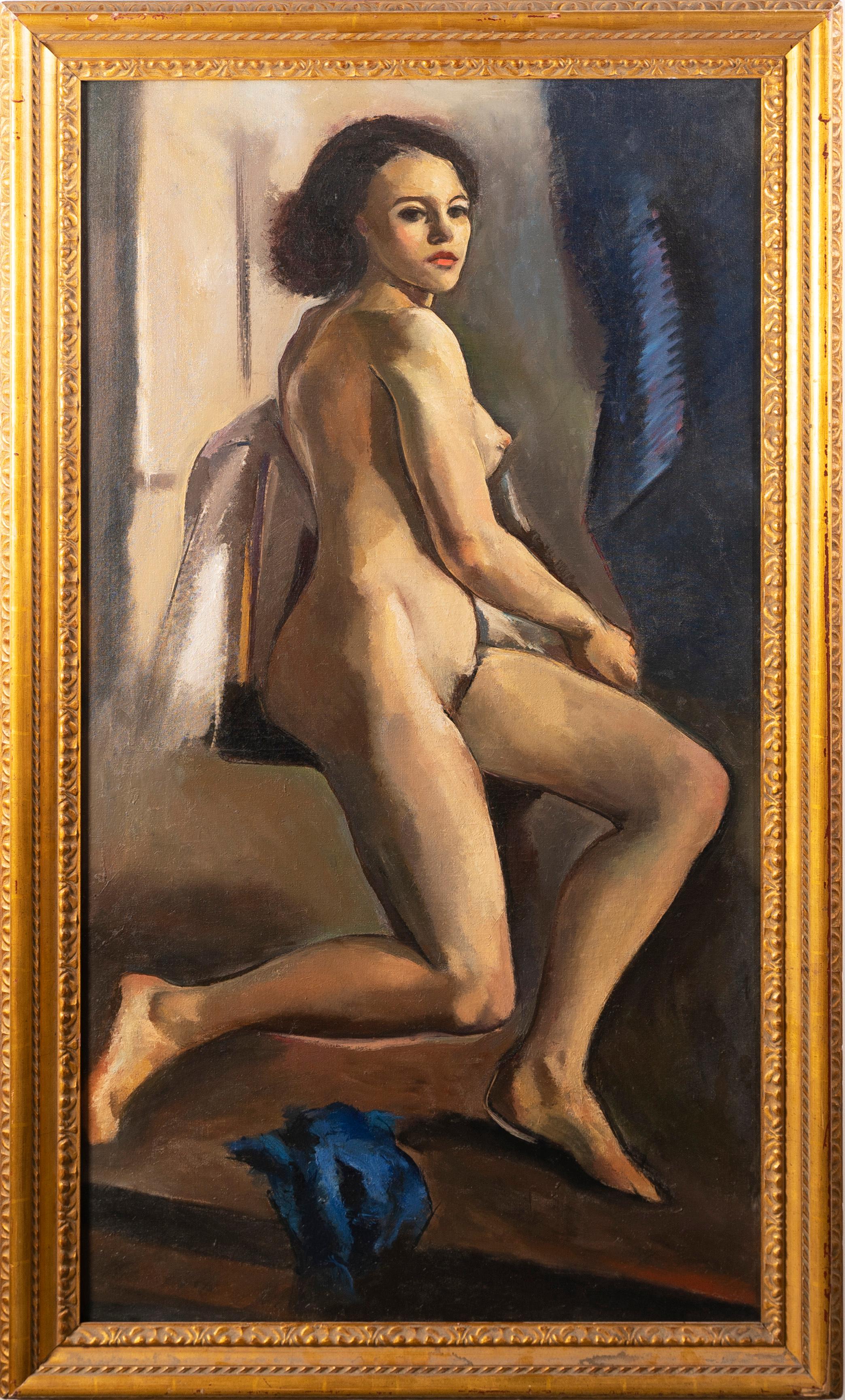 Antique American modernist nude woman in an artist studio oil painting.  Oil on canvas, circa 1930.  No signature found.  Image size, 34L x 64H.  Housed in a giltwood frame.
