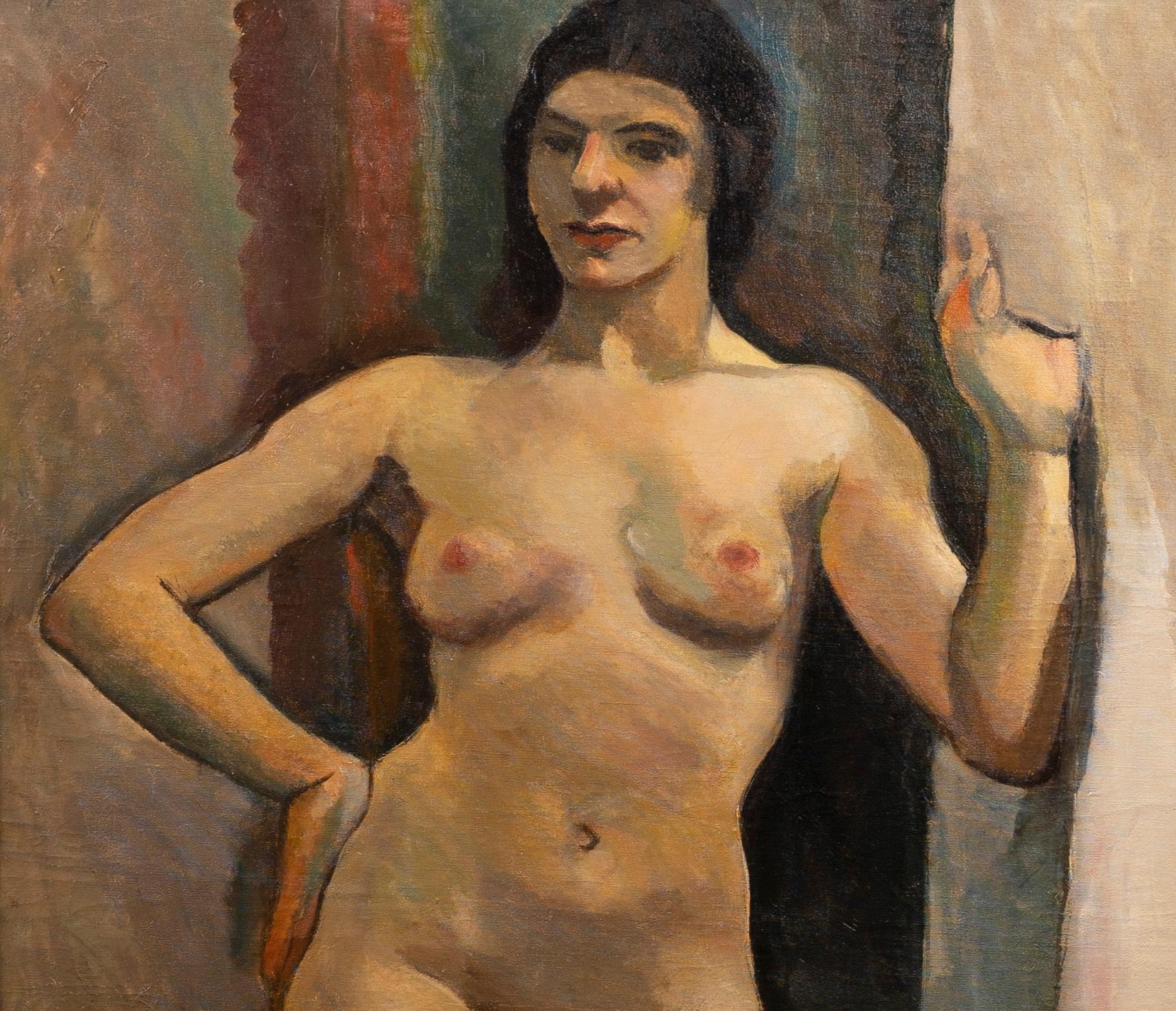 Antique American Life Size Huge WPA Nude Woman Artist Studio Portrait Painting  - Brown Interior Painting by Unknown
