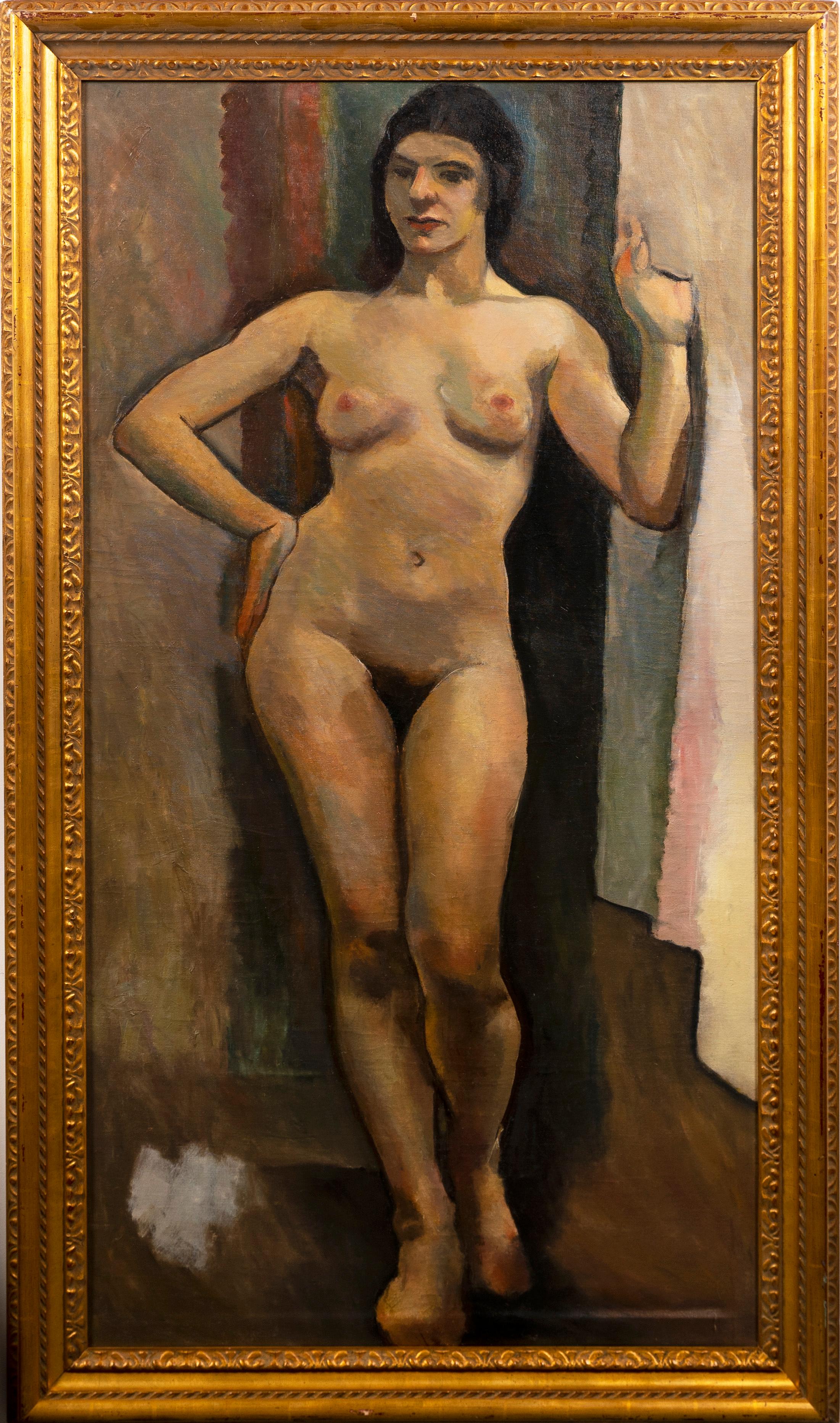 Unknown Interior Painting - Antique American Life Size Huge WPA Nude Woman Artist Studio Portrait Painting 