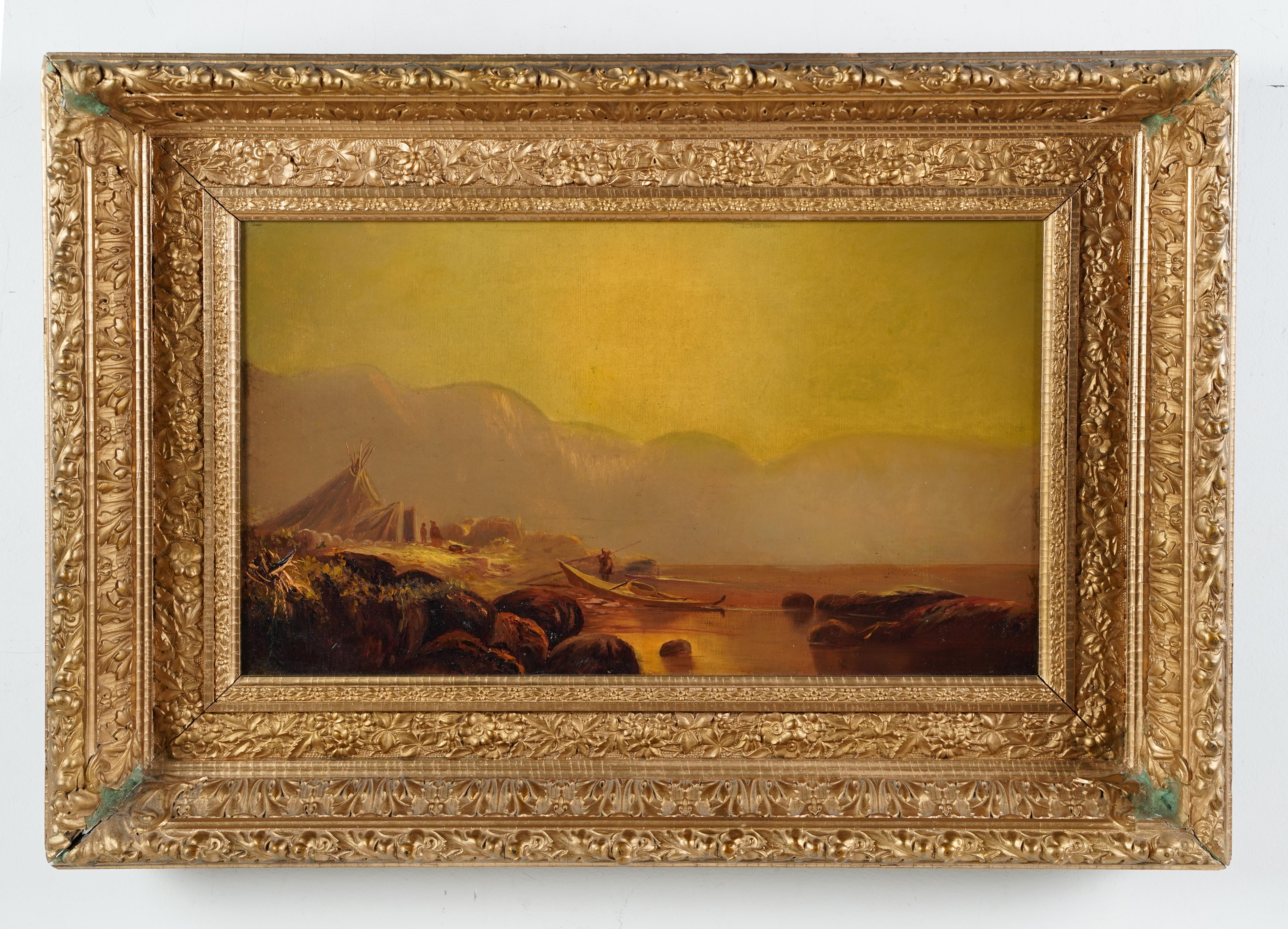  Antique American Luminous Hudson River School Sunset Boat Framed Oil Painting 1