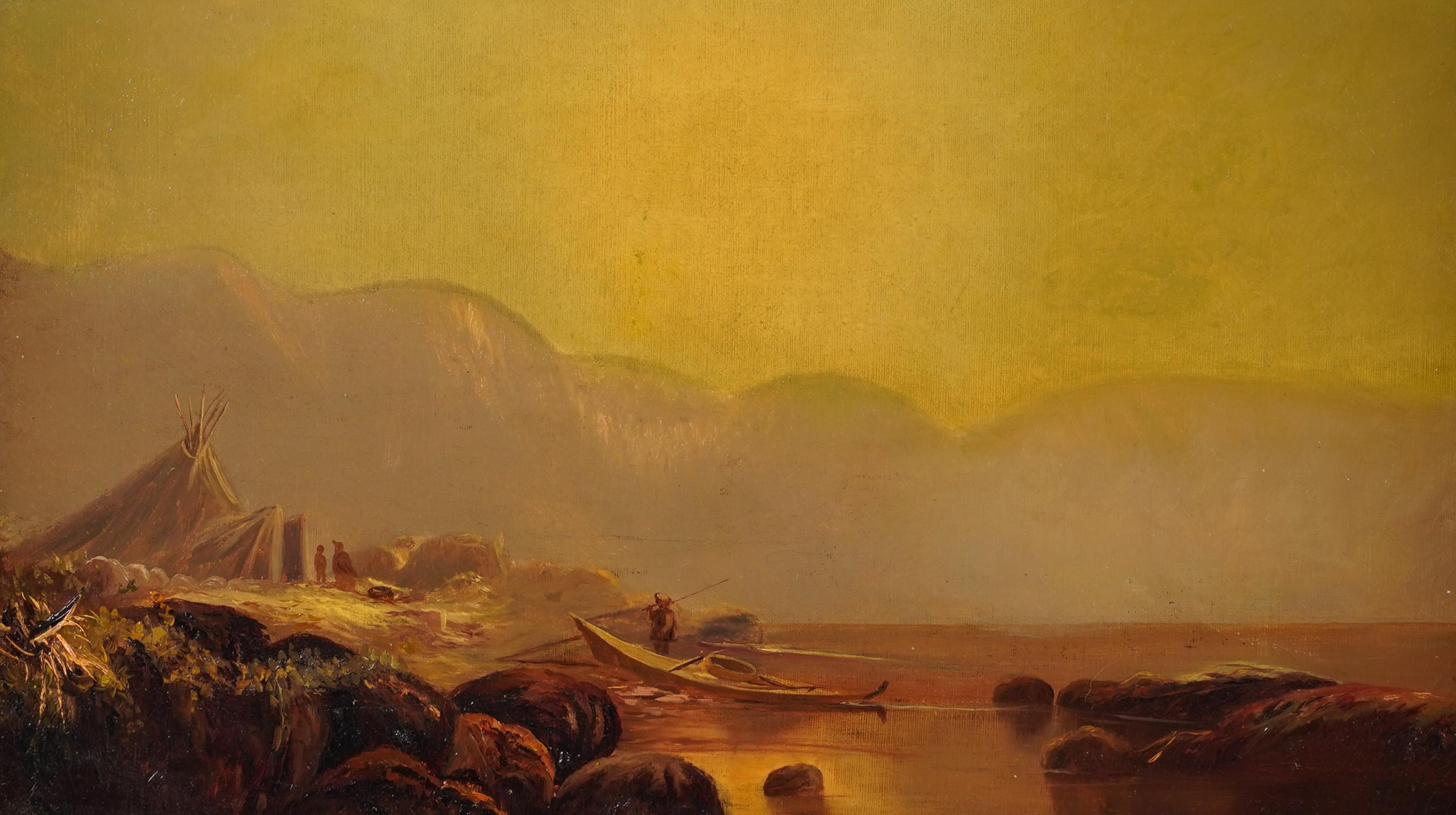 Antiguo cuadro al óleo americano de un luminoso paisaje marino al atardecer.  Óleo sobre lienzo.   Enmarcado.  Tamaño de la imagen, 20L x 12H.