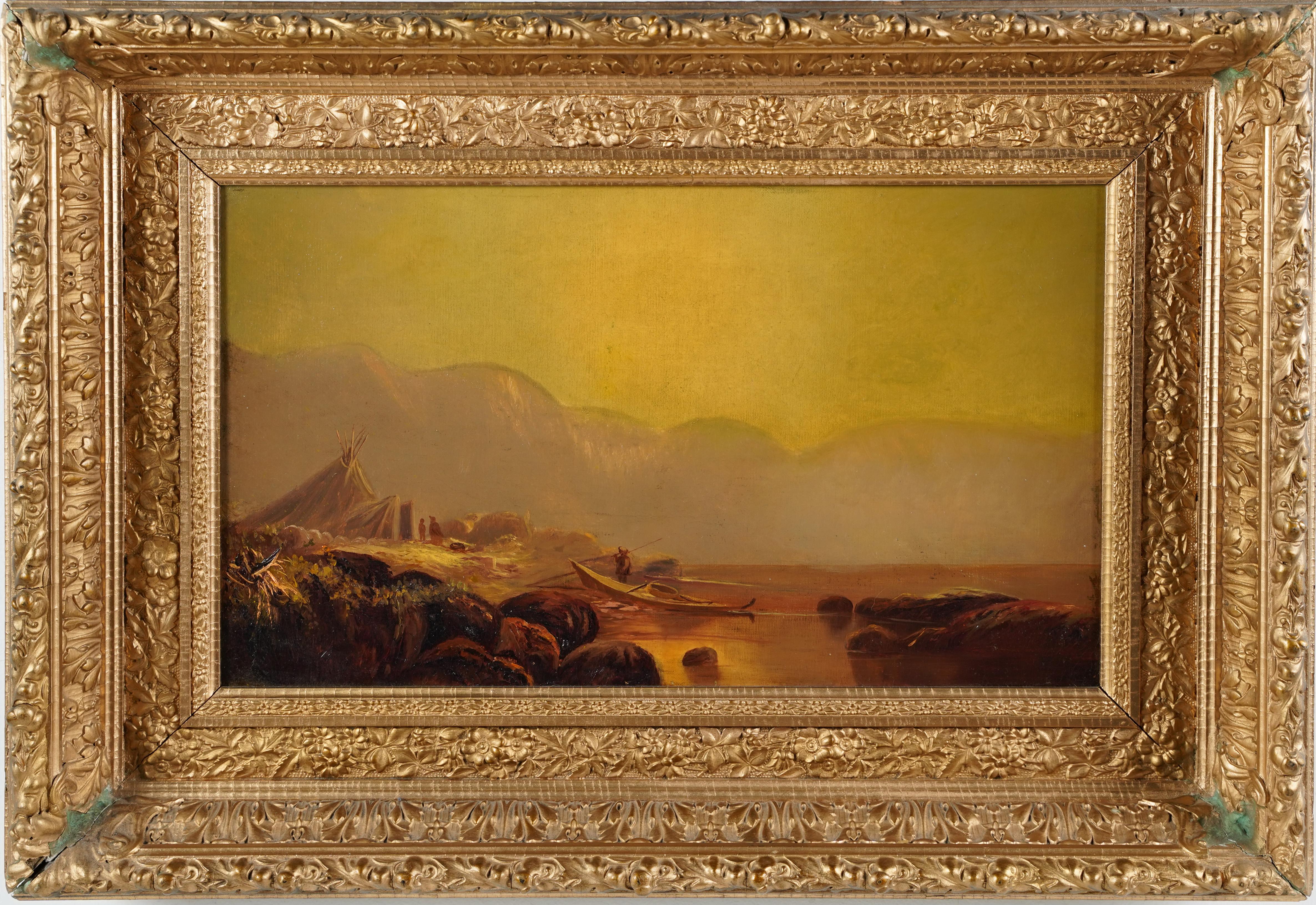 Unknown Landscape Painting -  Antique American Luminous Hudson River School Sunset Boat Framed Oil Painting
