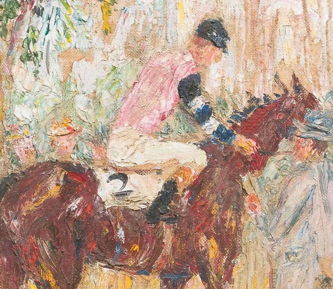 Antico dipinto ad olio incorniciato della corsa dei cavalli di Miami in Florida - Landscape Painting Beige di Unknown