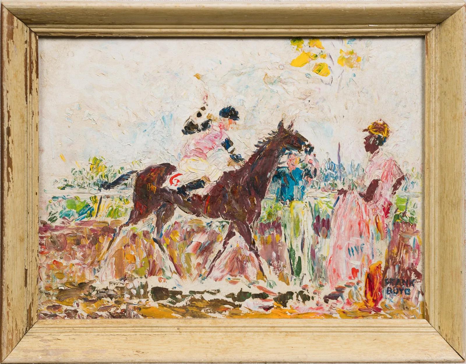 Unknown Landscape Painting - Antique American Miami Florida Impressionist Horse Race Framed Oil Painting