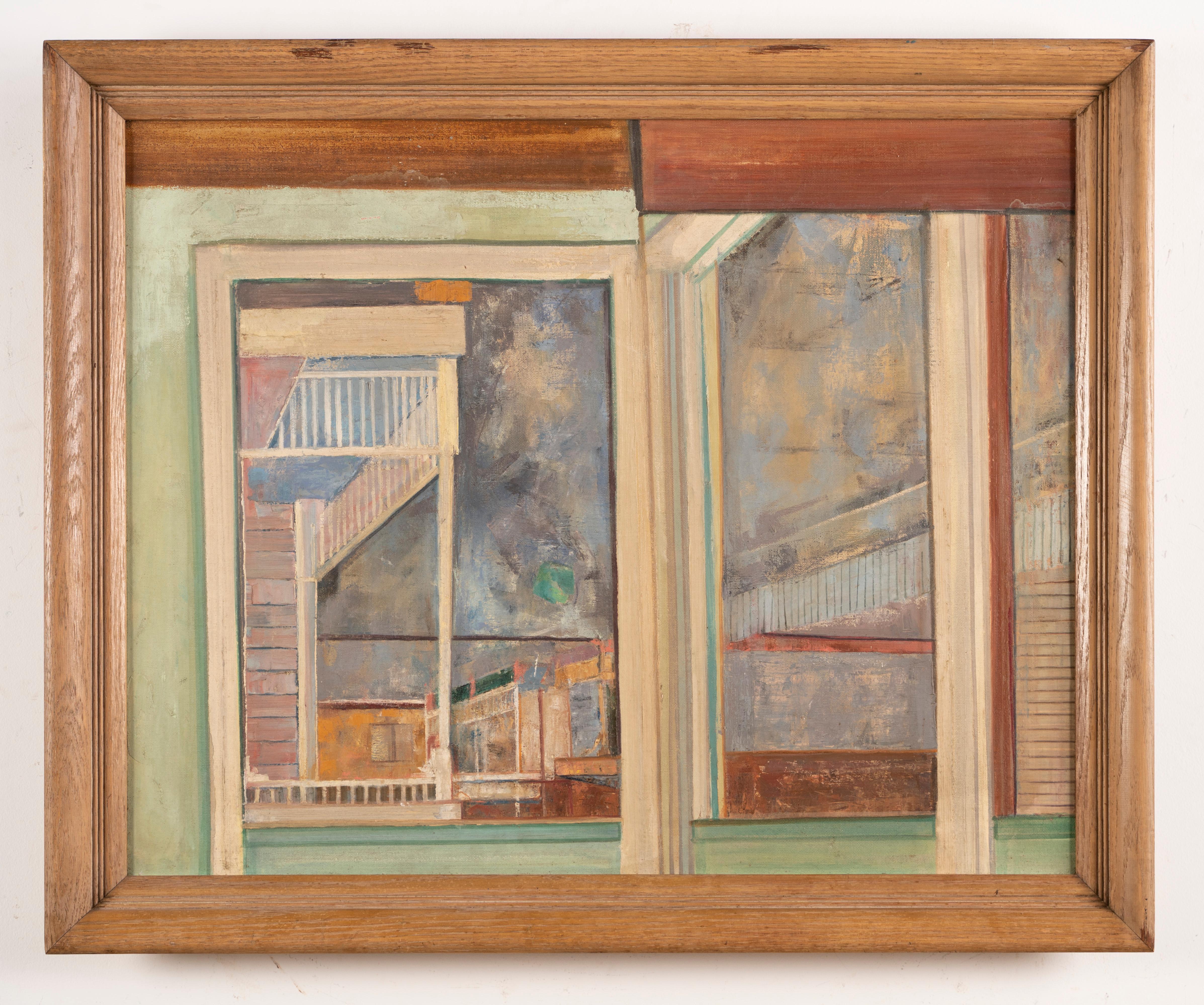 Antiguo Óleo Cubista Abstracto Arquitectural Modern Americano de Mediados de Siglo - Painting de Unknown