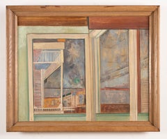 Antique American Mid Century Modern Cubist Abstract Architectural Oil Painting