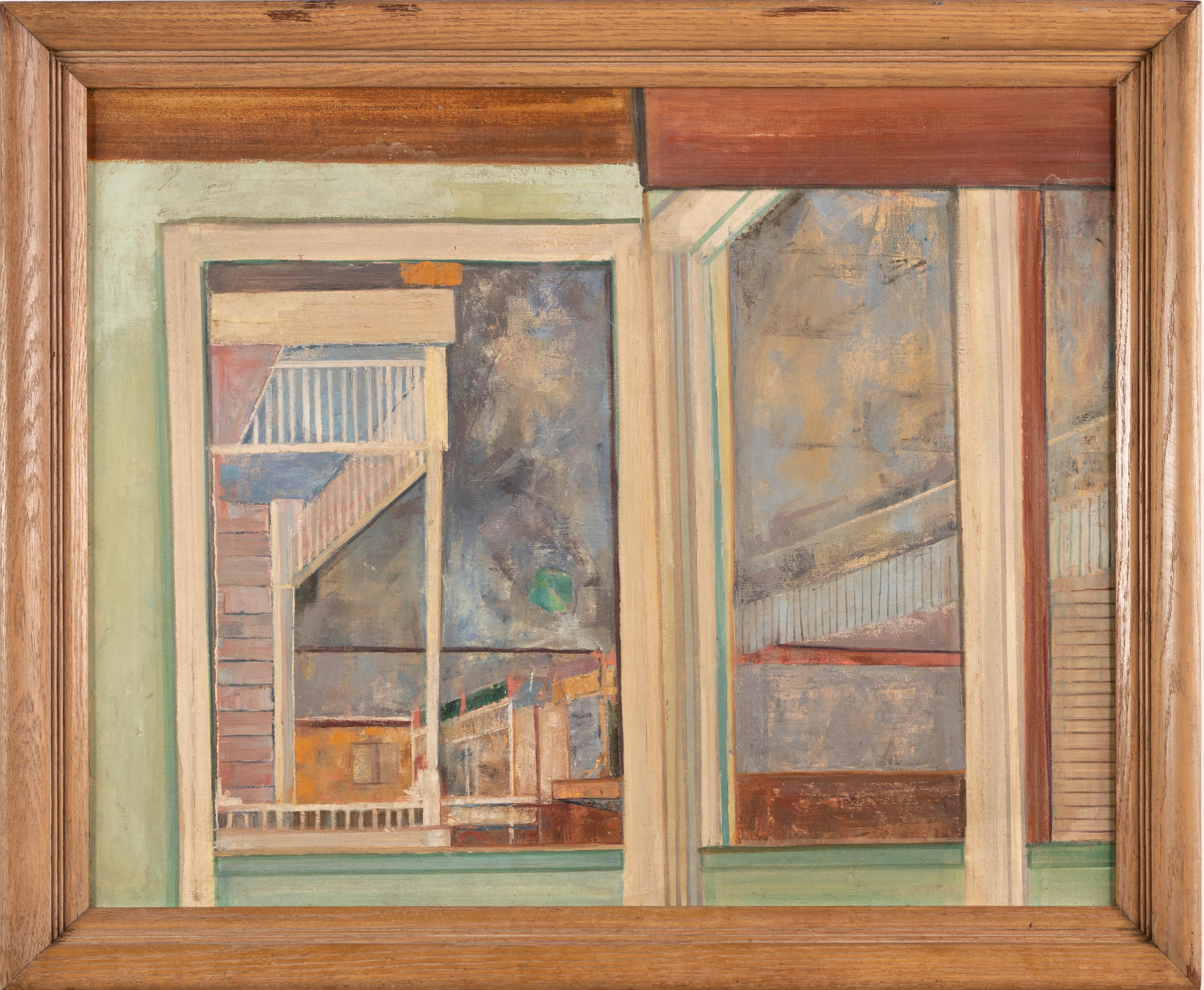 Antiguo Óleo Cubista Abstracto Arquitectural Modern Americano de Mediados de Siglo - Painting Moderno de Unknown